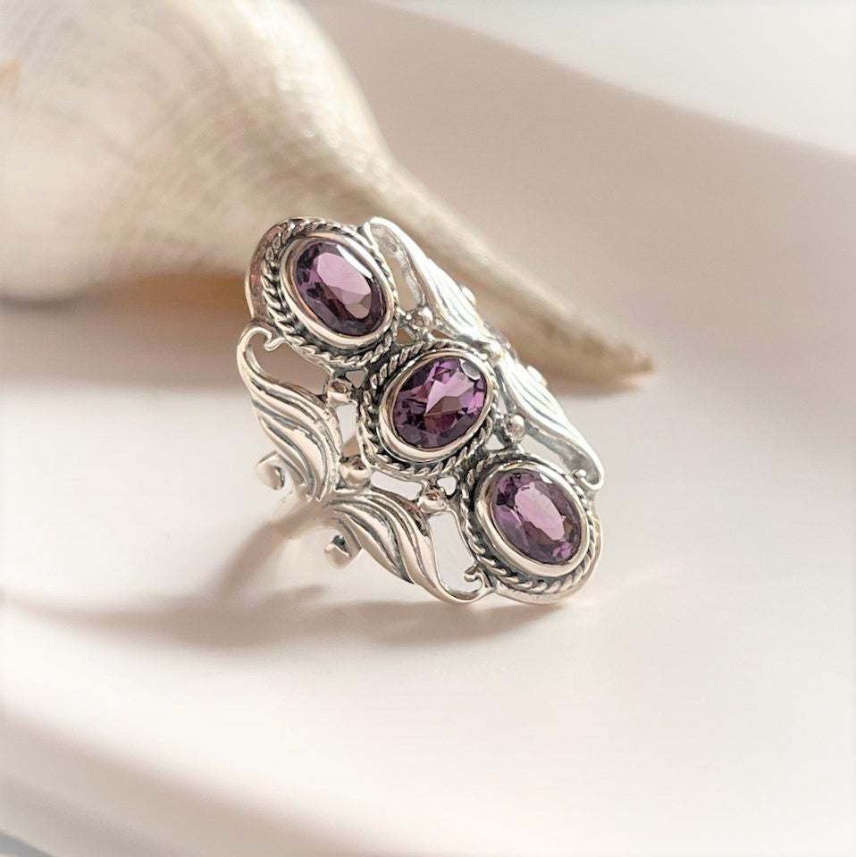 Elegant 3 Stone Amethyst Silver Ring for Empowerment 