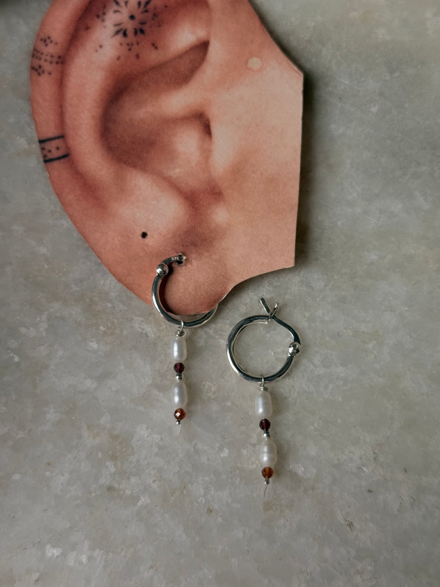 925 Sterling Silver Hessonite 2mm Fresh Water Pearl Hoops Earrings