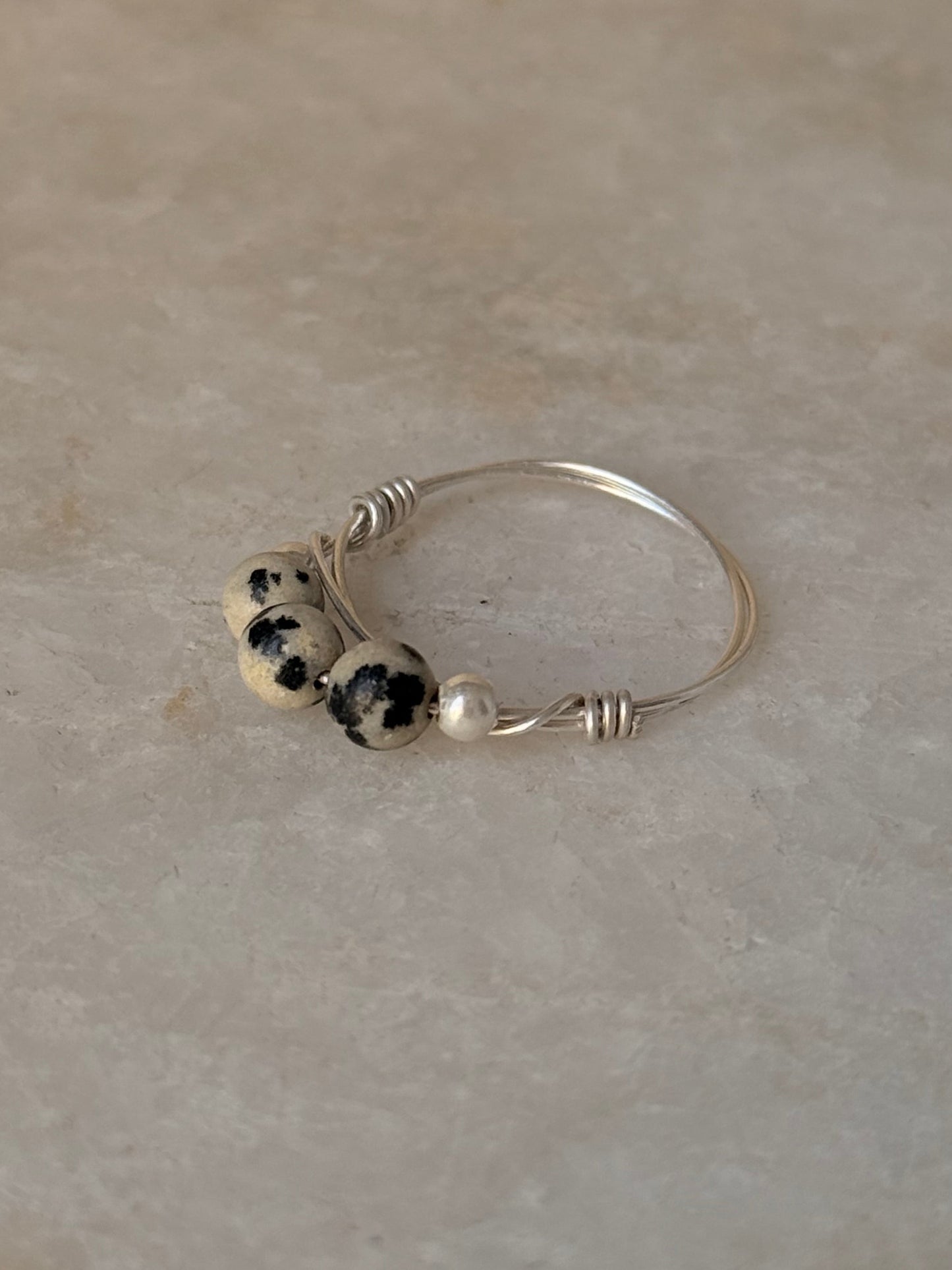925 Sterling Silver Dalmatian Jasper Crystal - Silver balls Wire Wrapped Handcrafted Ring