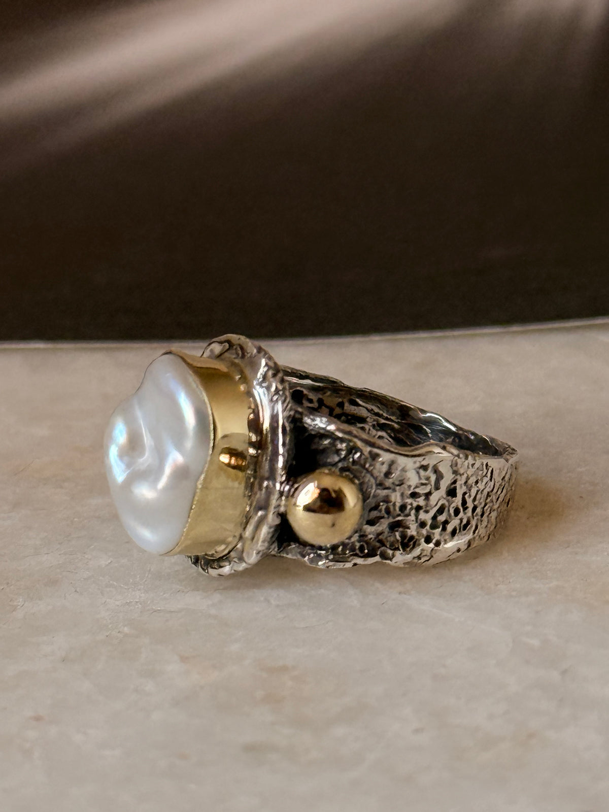 925 Sterling Silver Baroque Pearl Rustic Fusion Handcrafted Ring