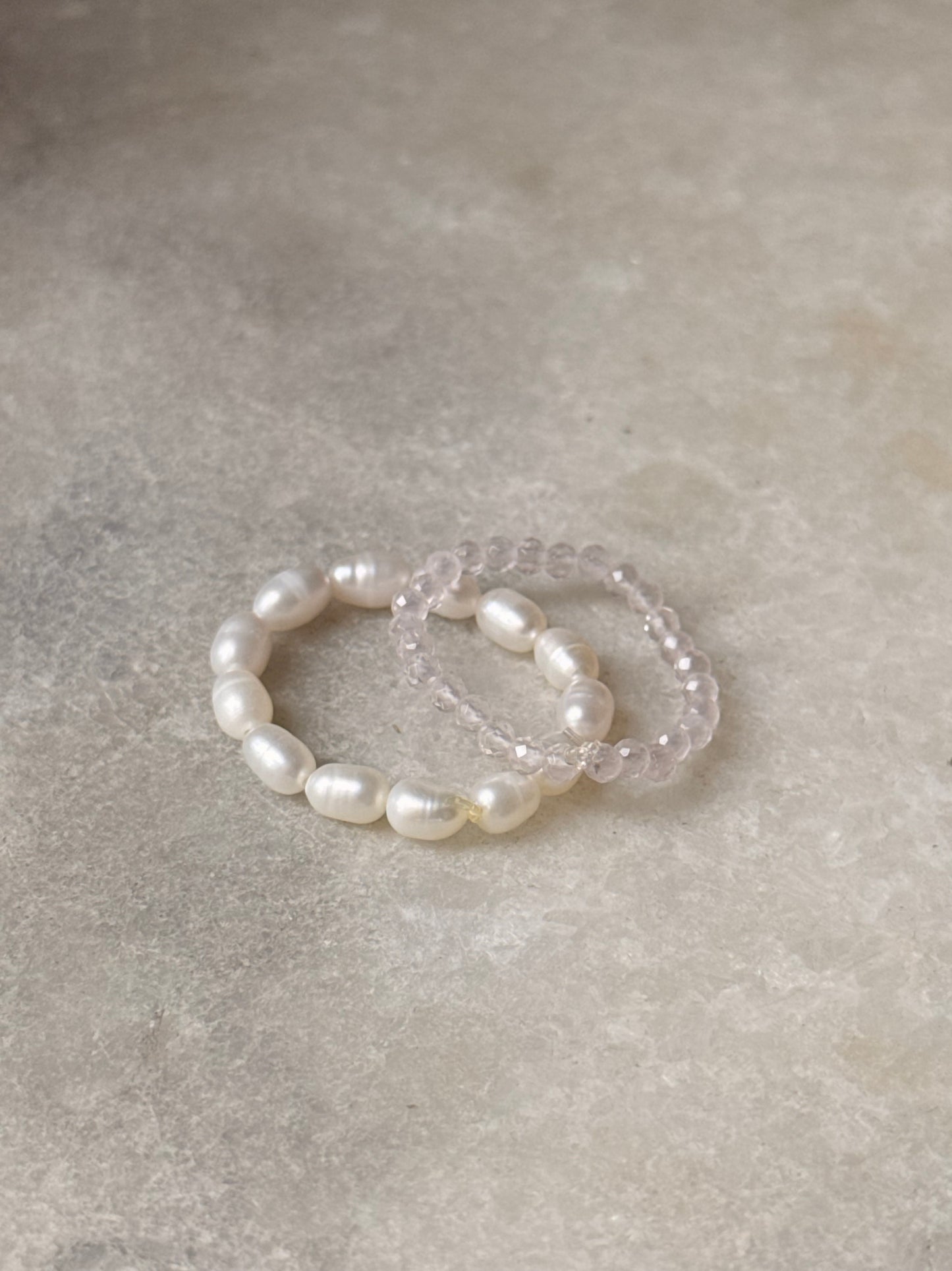 Natural Crystal Stretchy Light Shade Rose Quartz 2mm & Fresh Water Pearl Rings