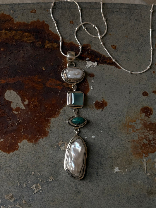 925 Sterling Silver Baroque Pearls, Aqua Chalcedony, Faux Turquoise Statement Handcrafted One of a Kind Pendant
