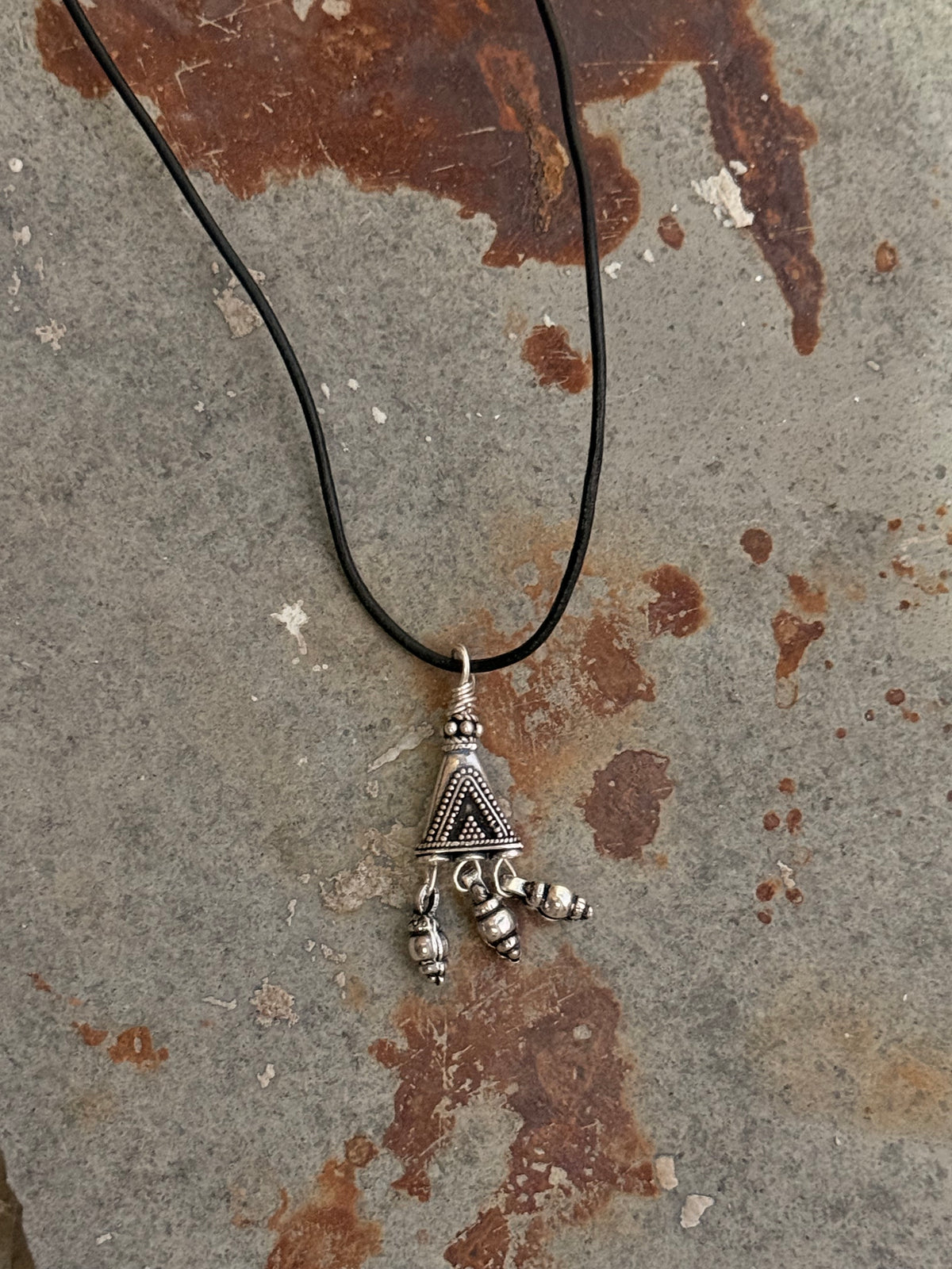 925 Sterling Silver Black Leather Cord Mandali Teekona Ghungroo Tribal Necklace