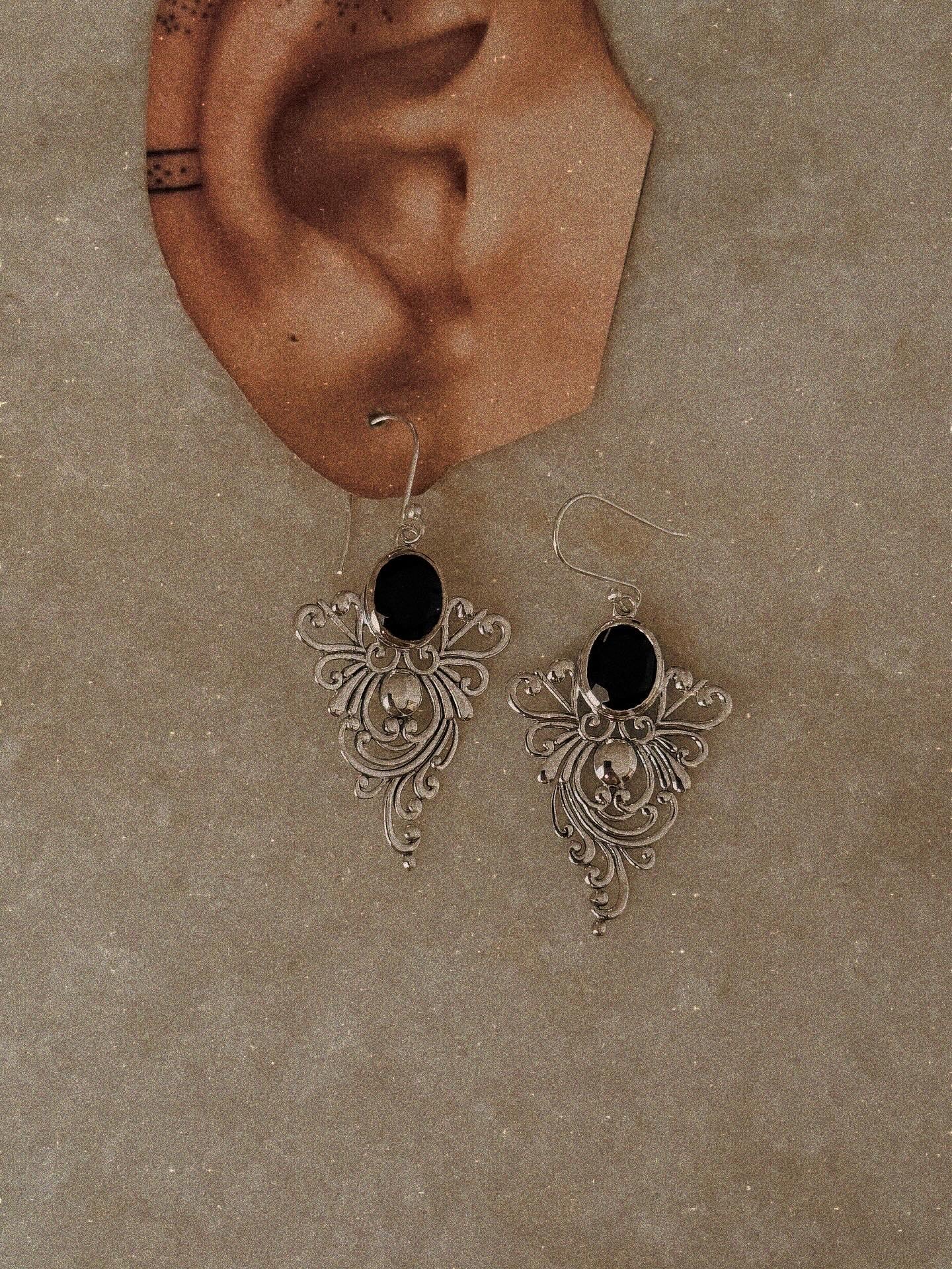 925 Sterling Silver Black Onyx Vintage Motif Statement Earrings