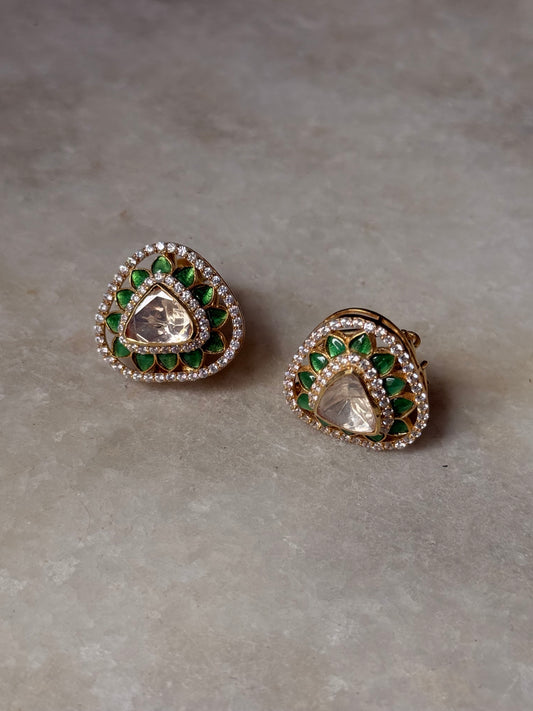 925 Sterling Silver Gold Plated Antique Moissanite Polki Green Kundan Triangle Studs Earrings