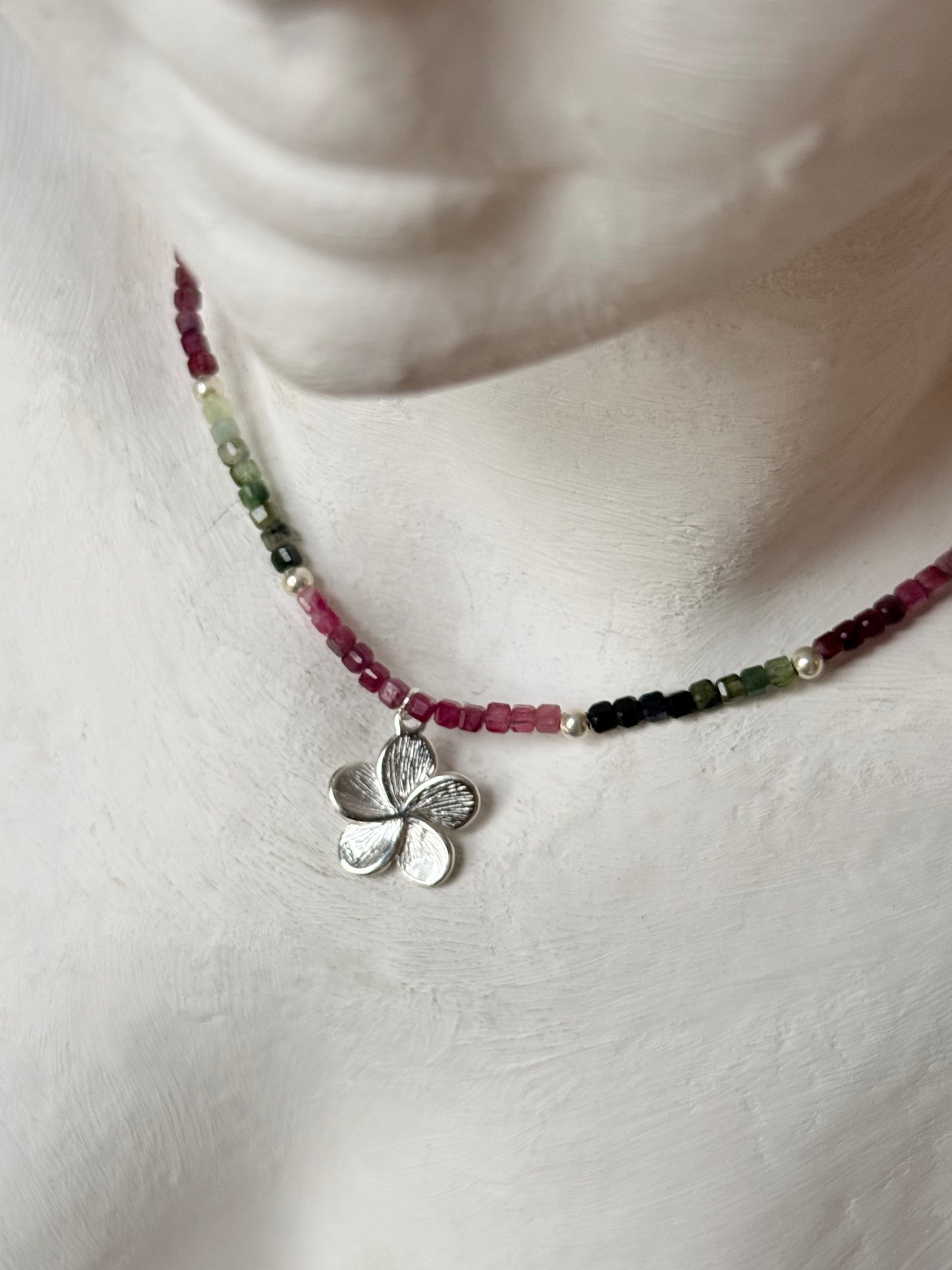 Multi Tourmaline Box Faceted With Plumeria Charm & Silver Balls 925 Sterling Silver Necklace
