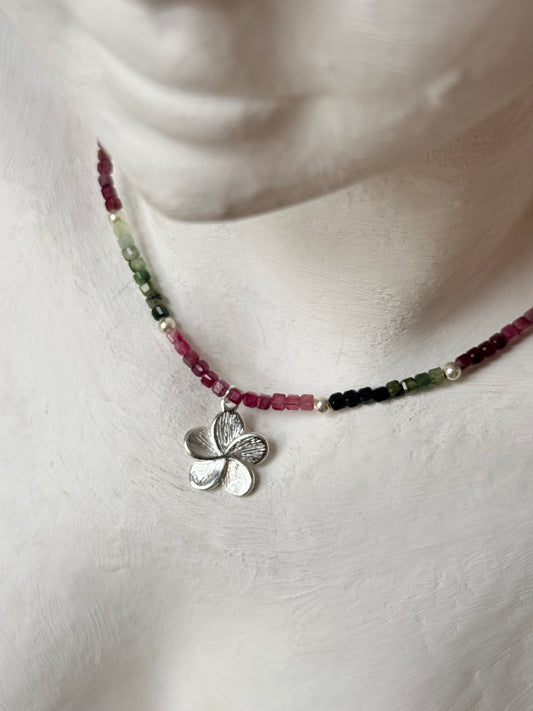 Multi Tourmaline Box Faceted With Plumeria Charm & Silver Balls 925 Sterling Silver Necklace
