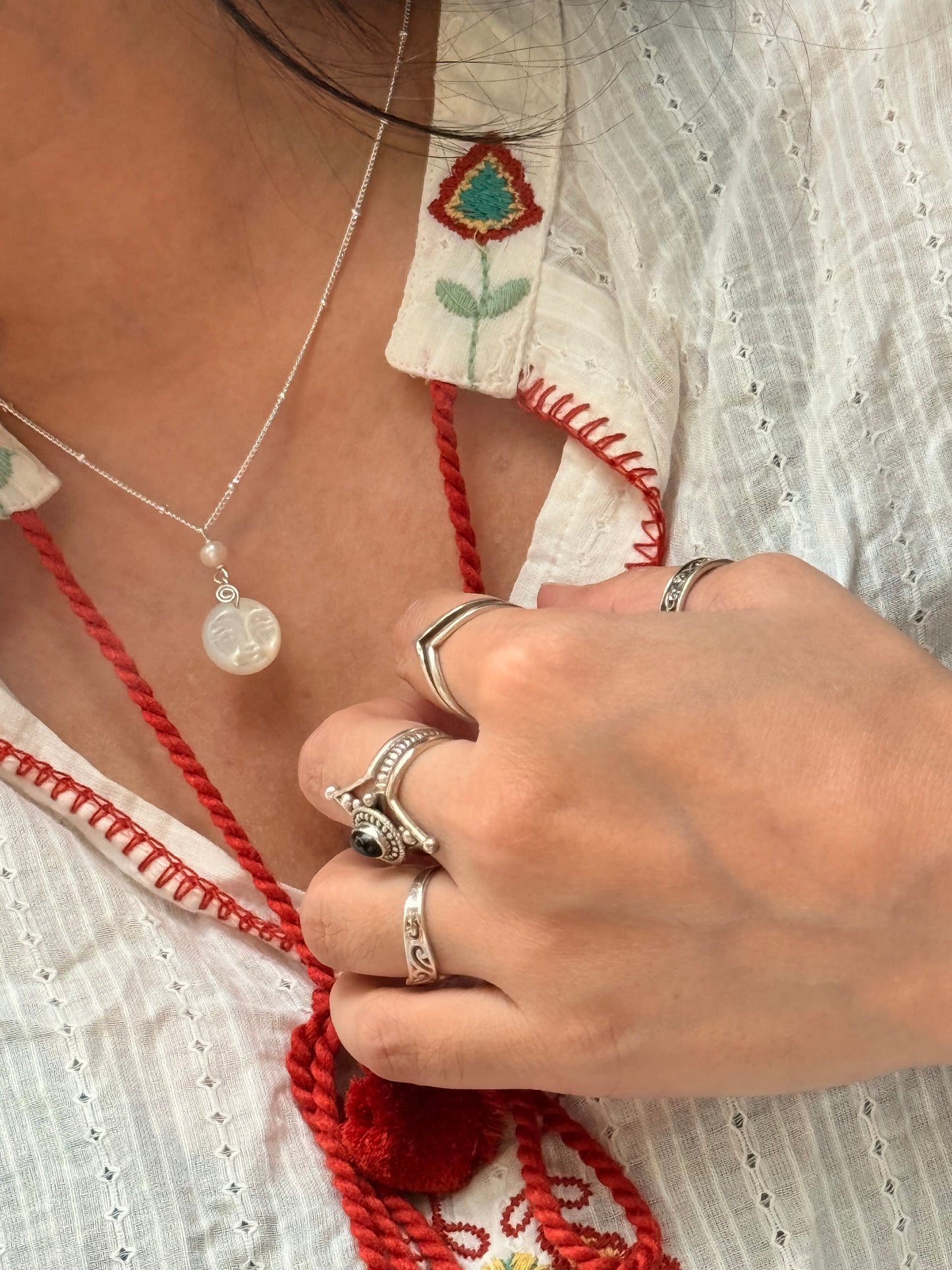 925 Sterling Silver Mother of Pearl Moon Face, Fresh Water Pearl Spiral Cable Dot Handcrafted Necklace