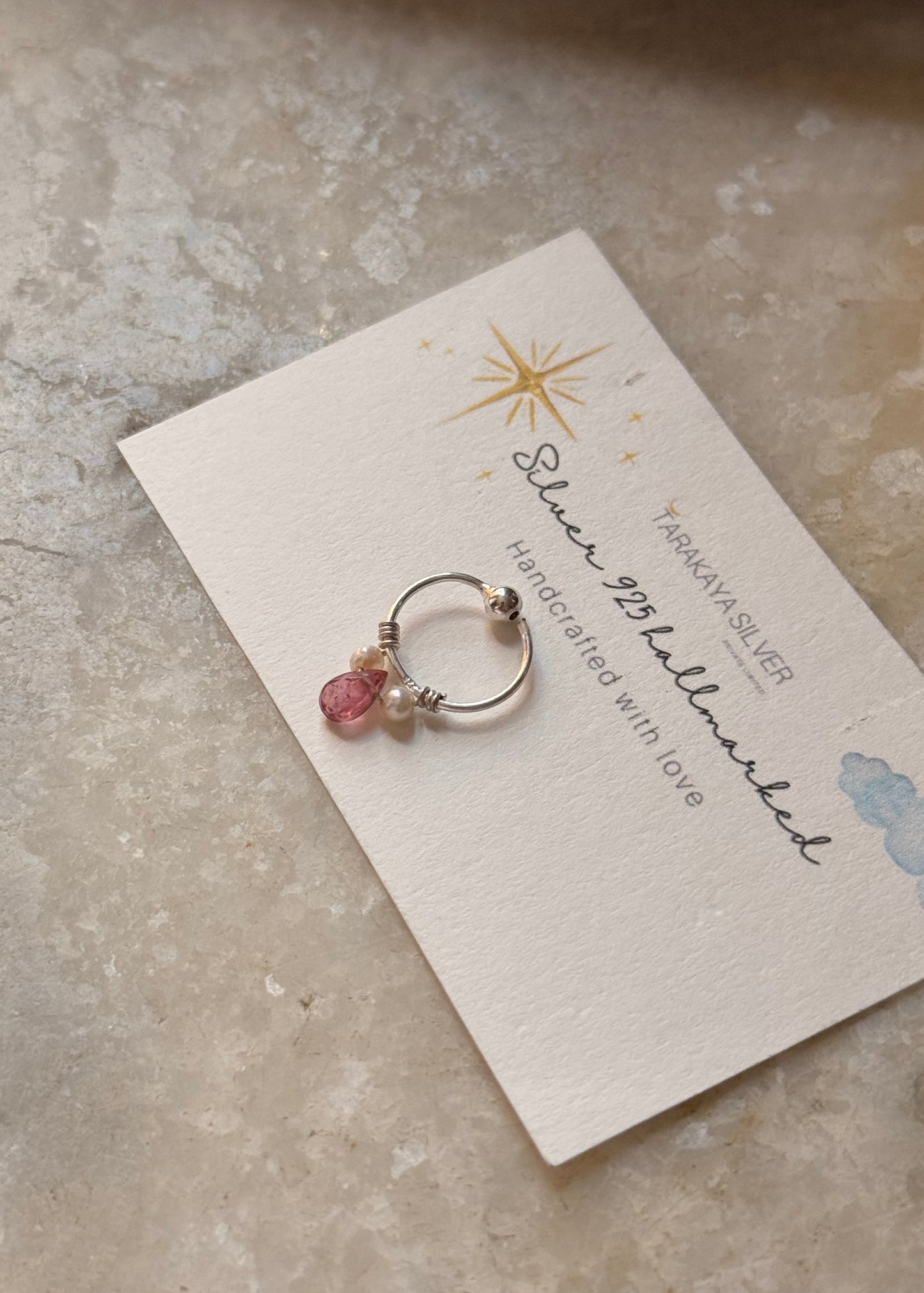 925 Sterling Silver Pink Tourmaline, Fresh Water Pearls Piercing Septum Nose Ring