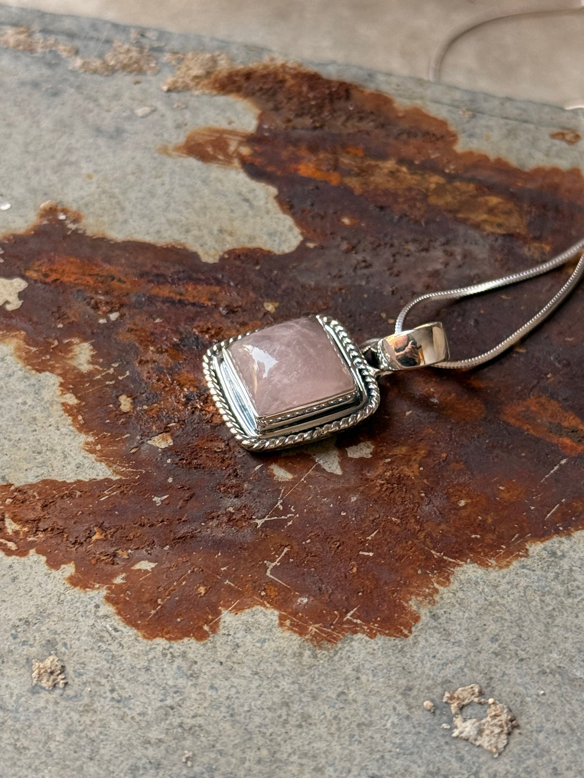 925 Sterling Silver Rose Quartz Square Pendant
