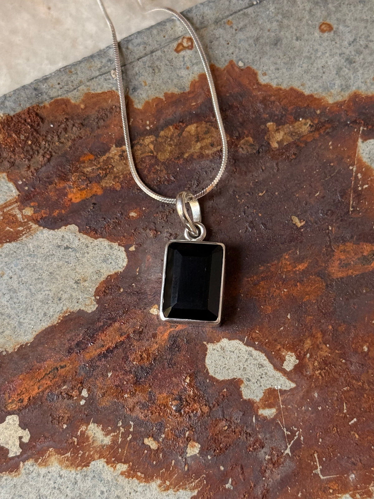 925 Sterling Silver Black Onyx Rectangle Unisex Pendant