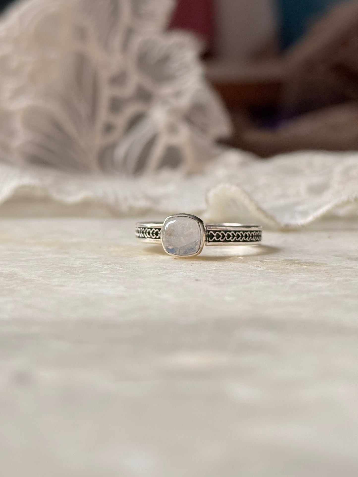 925 Sterling Silver Rainbow Moonstone Square Heart Band Ring
