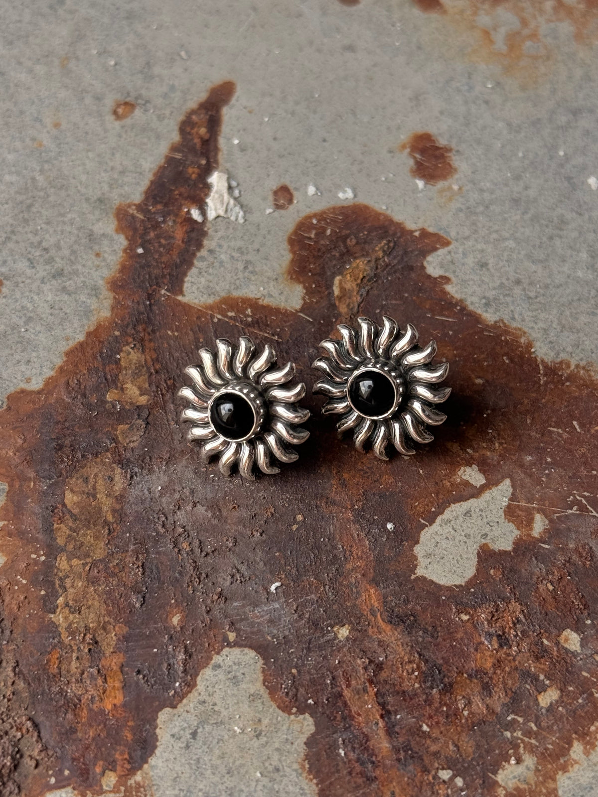 925 Sterling Silver Black Onyx Sun Statement Studs Earrings
