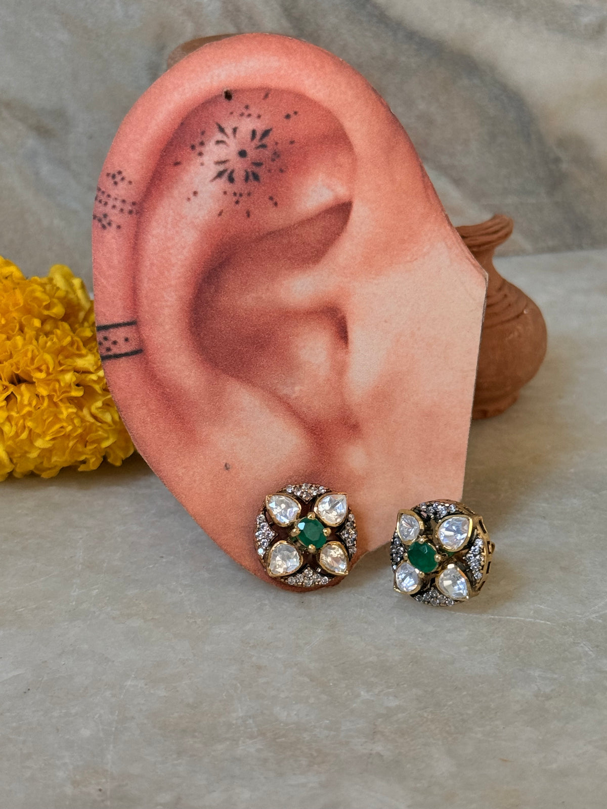 925 Sterling Silver Gold Plated Moissanite Polki Green Onyx Studs Earrings