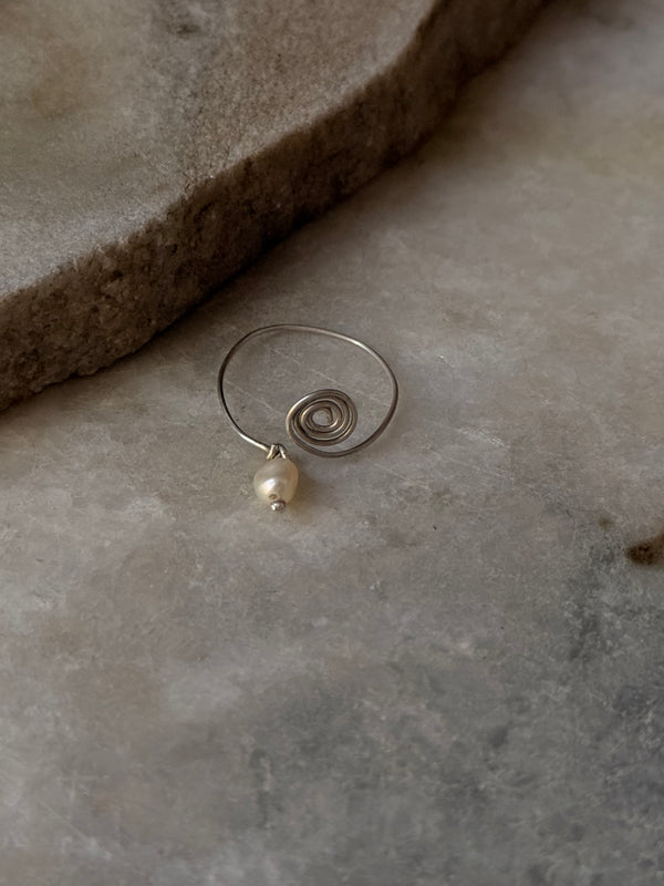 925 Sterling Silver Fresh Water Pearl Spiral Wire Wrapped Adjustable Handcrafted Dainty Ring