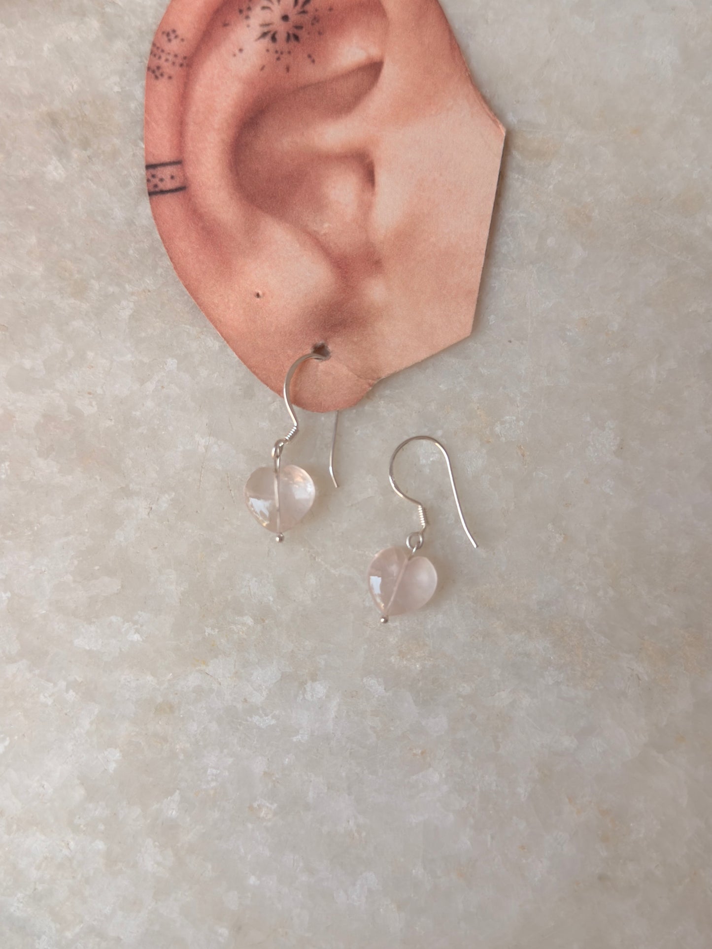 925 Sterling Silver Rose Quartz Heart Crystal Hook Earrings