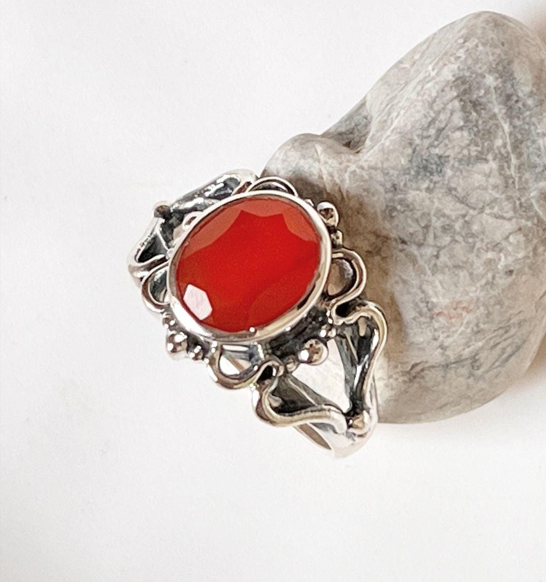 Carnelian big statement silver ring with intricate design