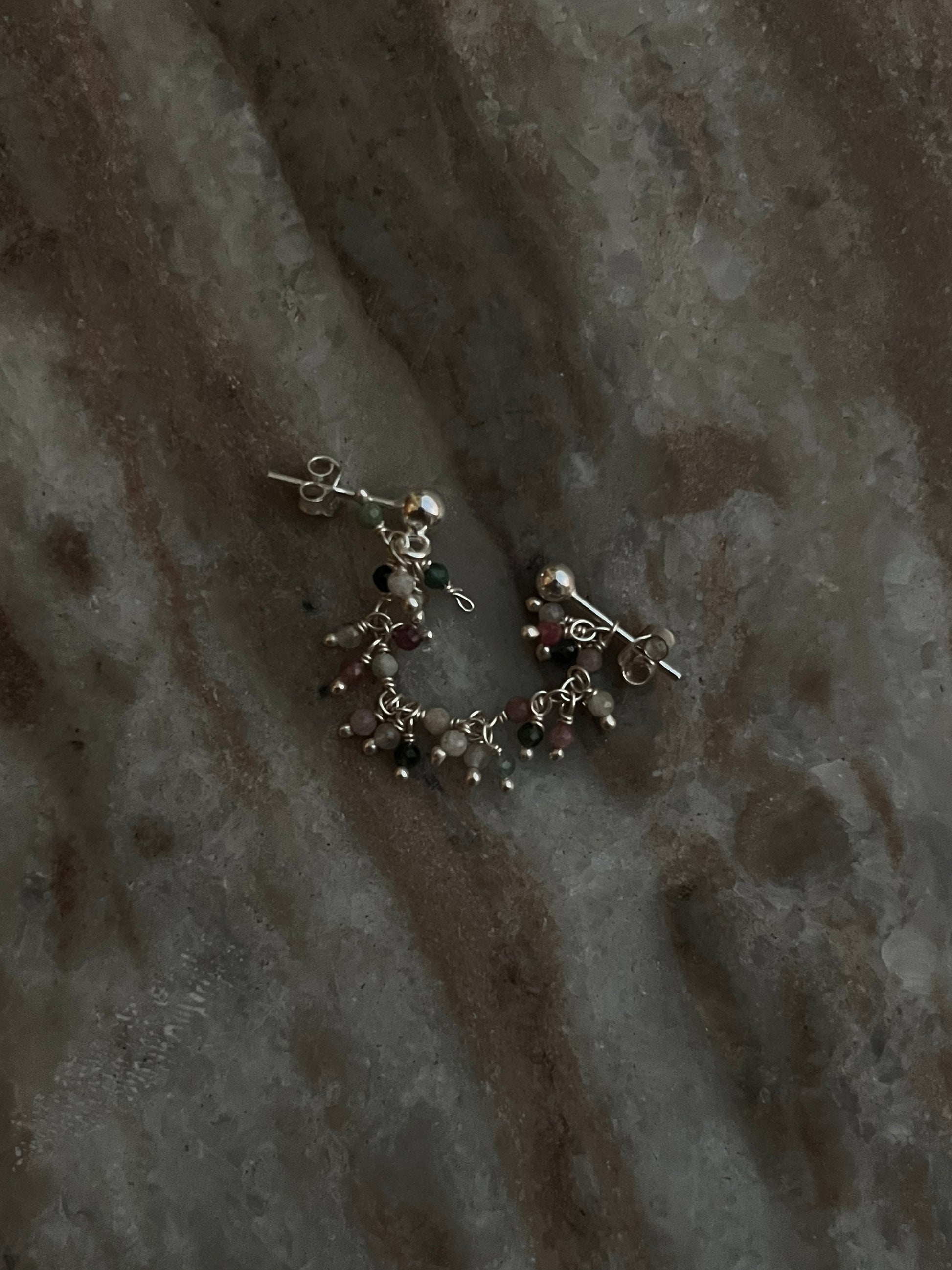 Multi-colored tourmaline silver stud earrings with dual chain accents  