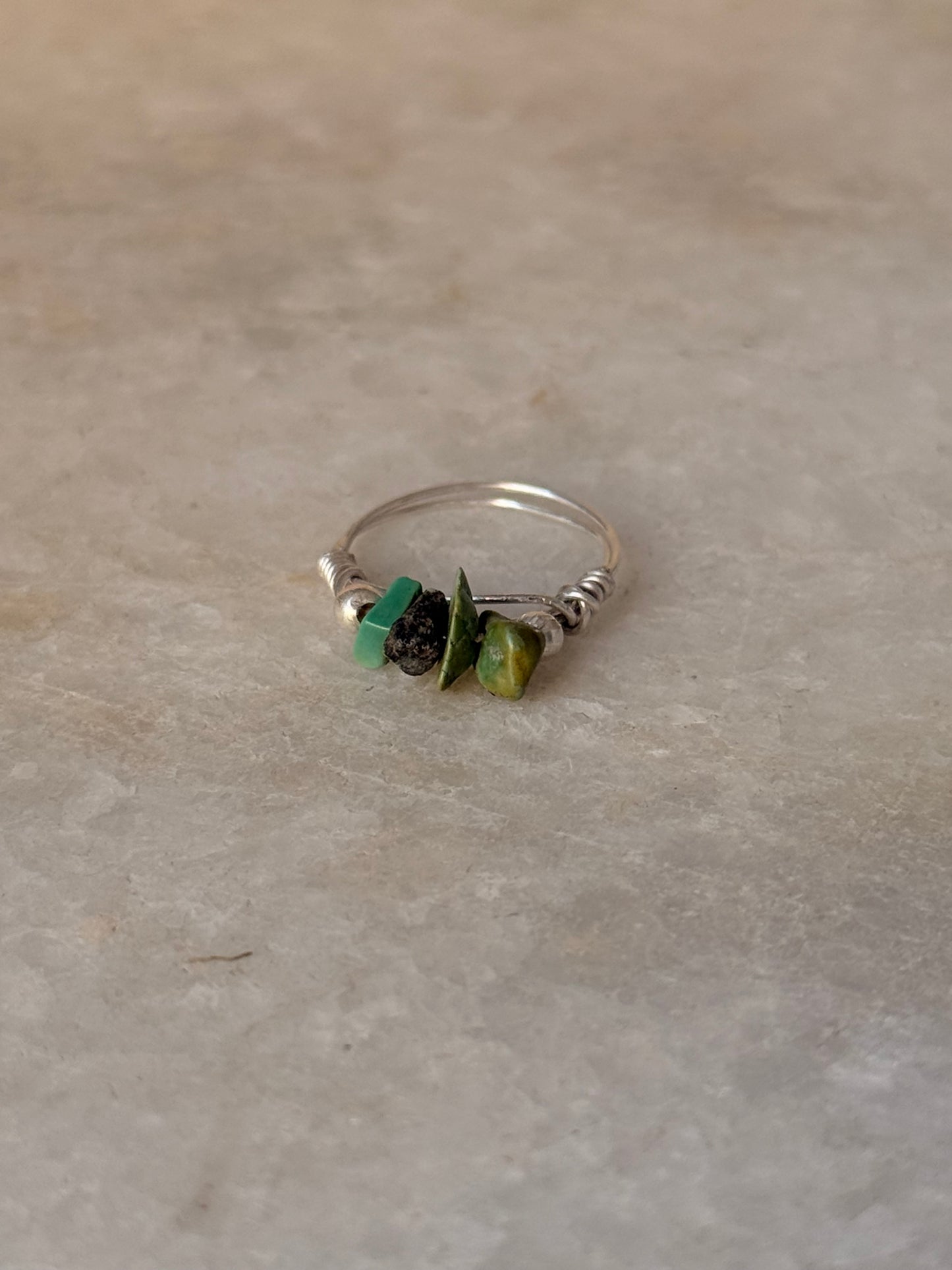 925 Sterling Silver Turquoise Chips With Silver Balls Wire Wrapped Handcrafted Ring