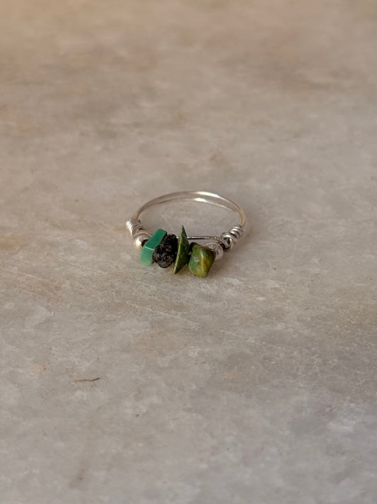 925 Sterling Silver Turquoise Chips With Silver Balls Wire Wrapped Handcrafted Ring