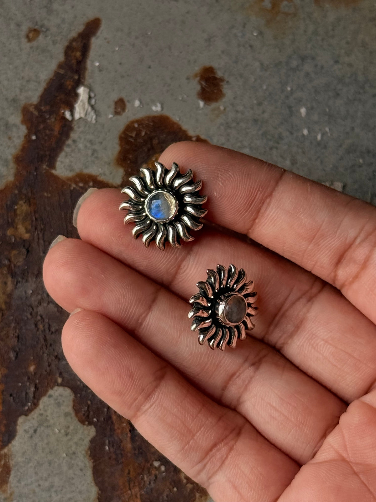 925 Sterling Silver Moonstone Big Sun Stud Earrings