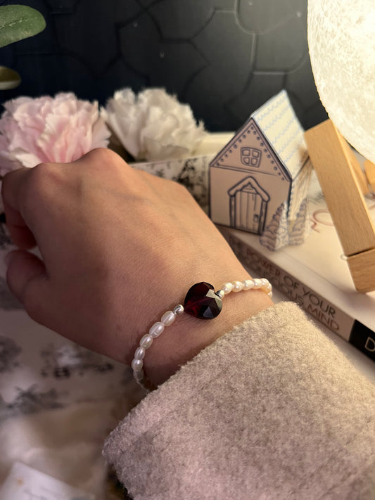 Garnet Heart Pearl Silver Bracelet for Love and Healing