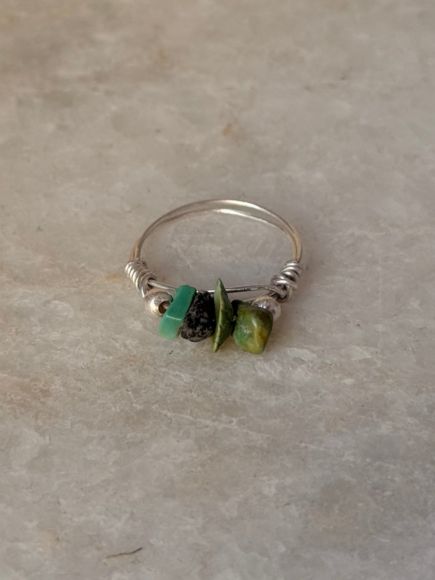 925 Sterling Silver Turquoise Chips With Silver Balls Wire Wrapped Handcrafted Ring