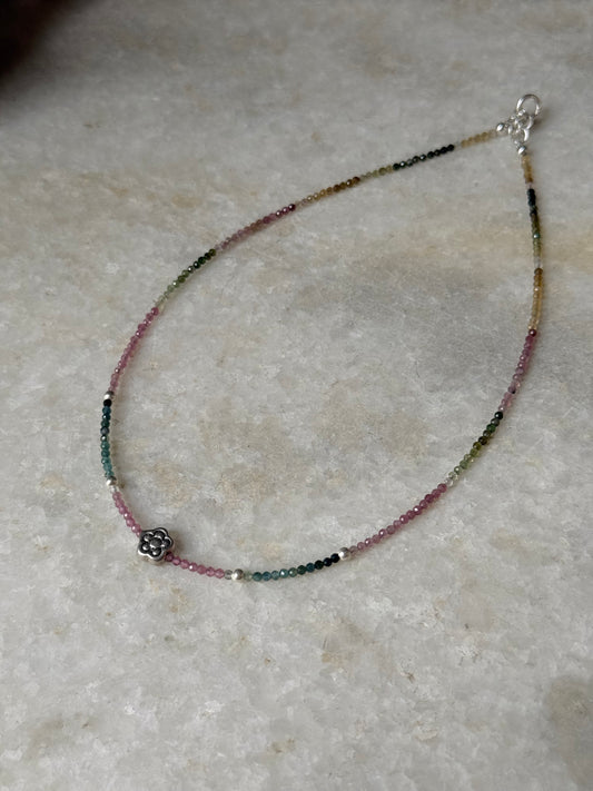 Multi Tourmaline Light 2mm Floral Bead & Silver Balls 925 Sterling Silver Necklace