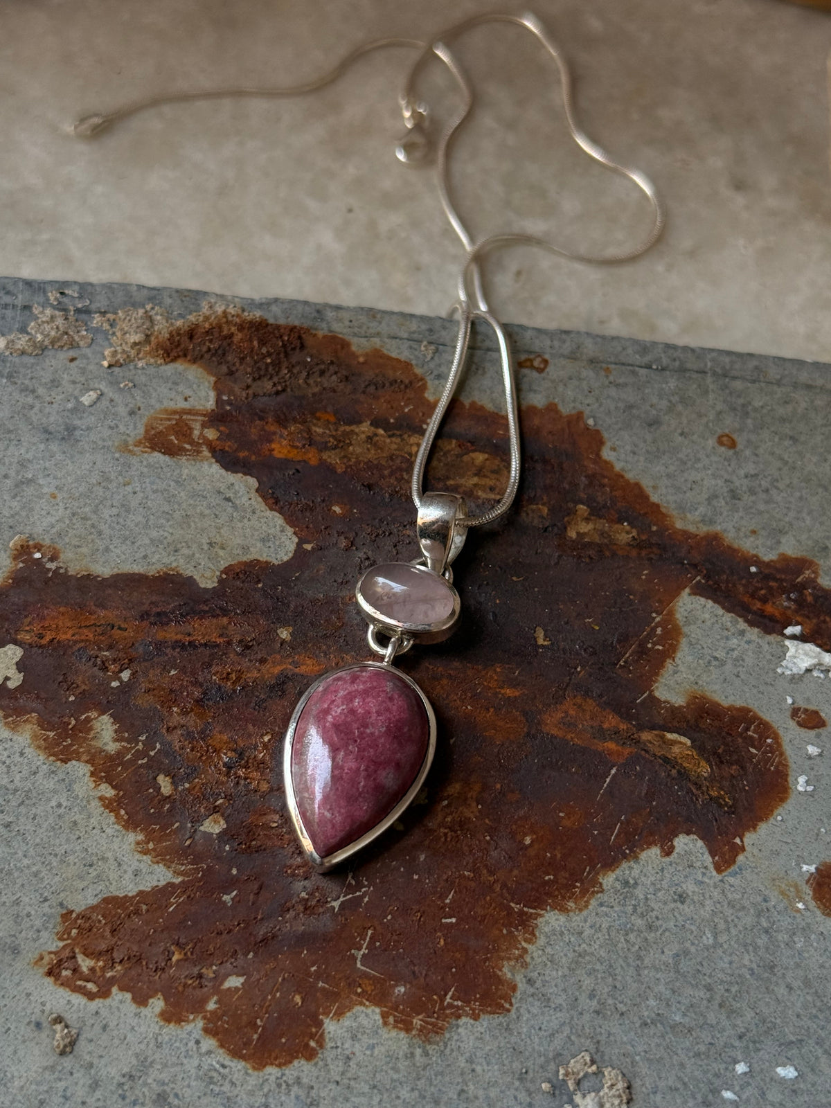 925 Sterling Silver Rose Quartz Oval, Rhodochrosite Pear Handcrafted One of a Kind Pendant