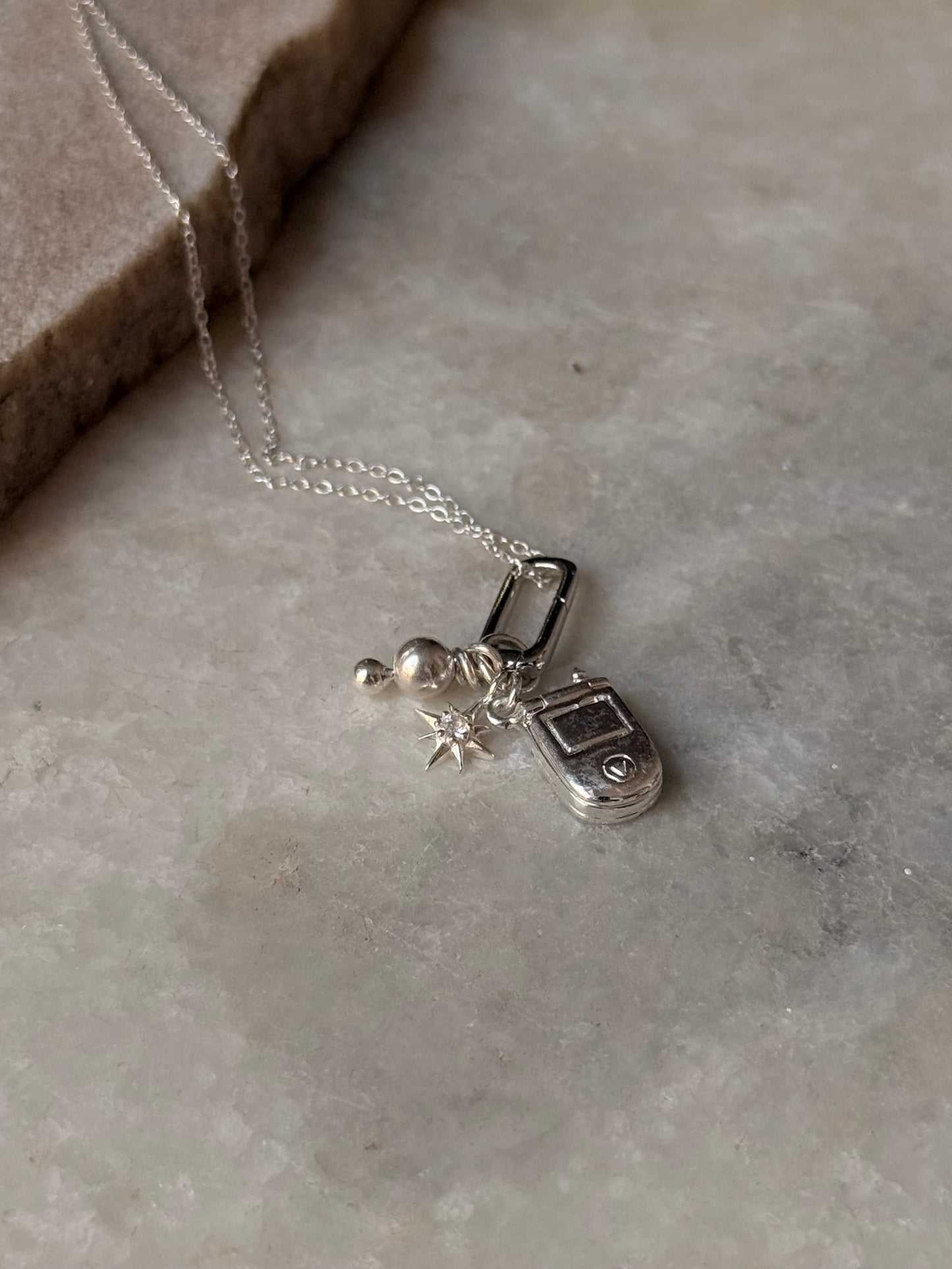 925 Sterling Silver Flip Mobile Phone, White Topaz North Star and Silver Bead With Italian Rectangular Charm Connector