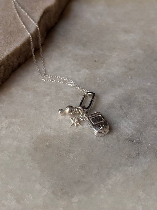 925 Sterling Silver Flip Mobile Phone, White Topaz North Star and Silver Bead With Italian Rectangular Charm Connector