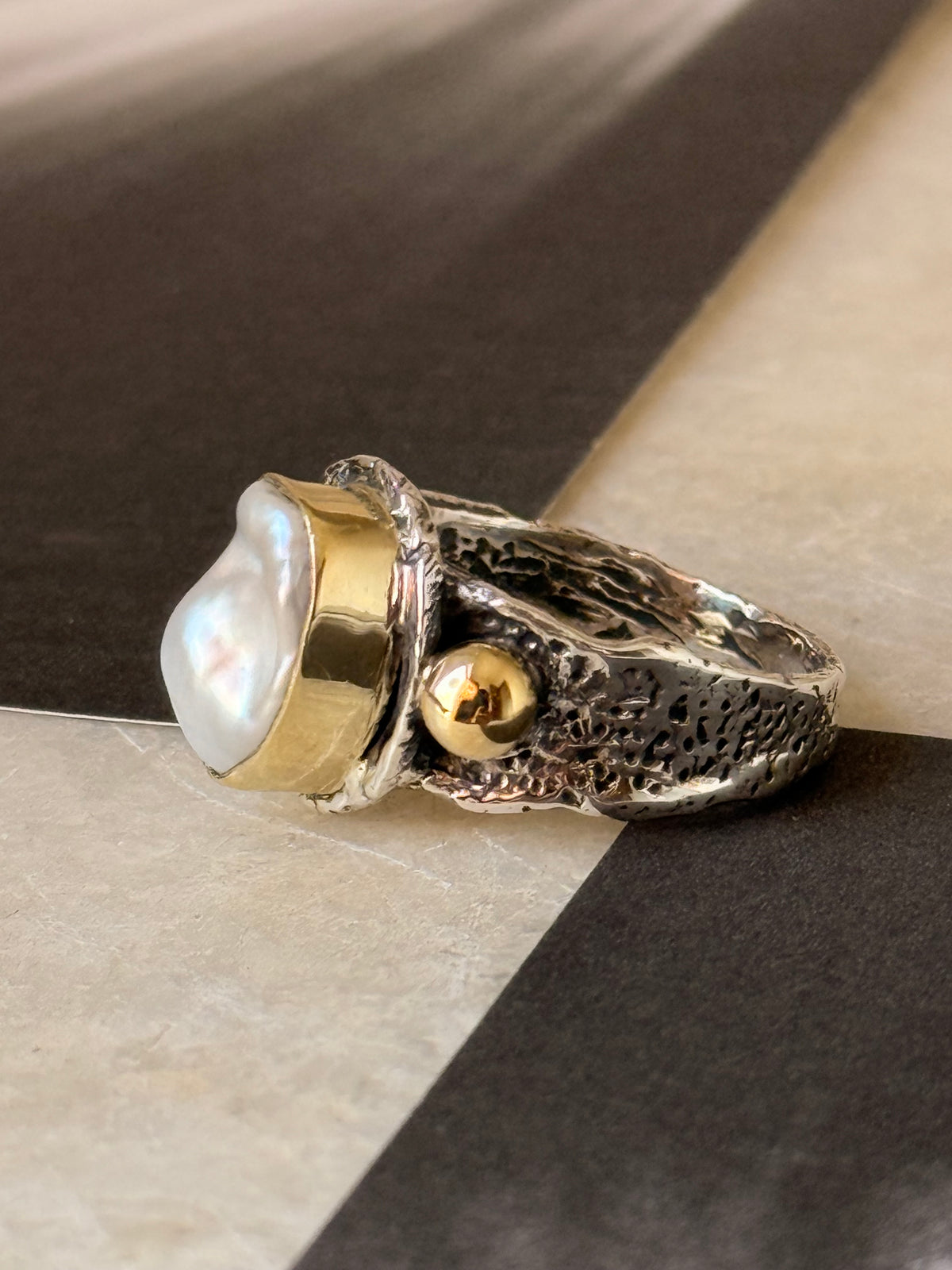 925 Sterling Silver Baroque Pearl Rustic Fusion Handcrafted Ring