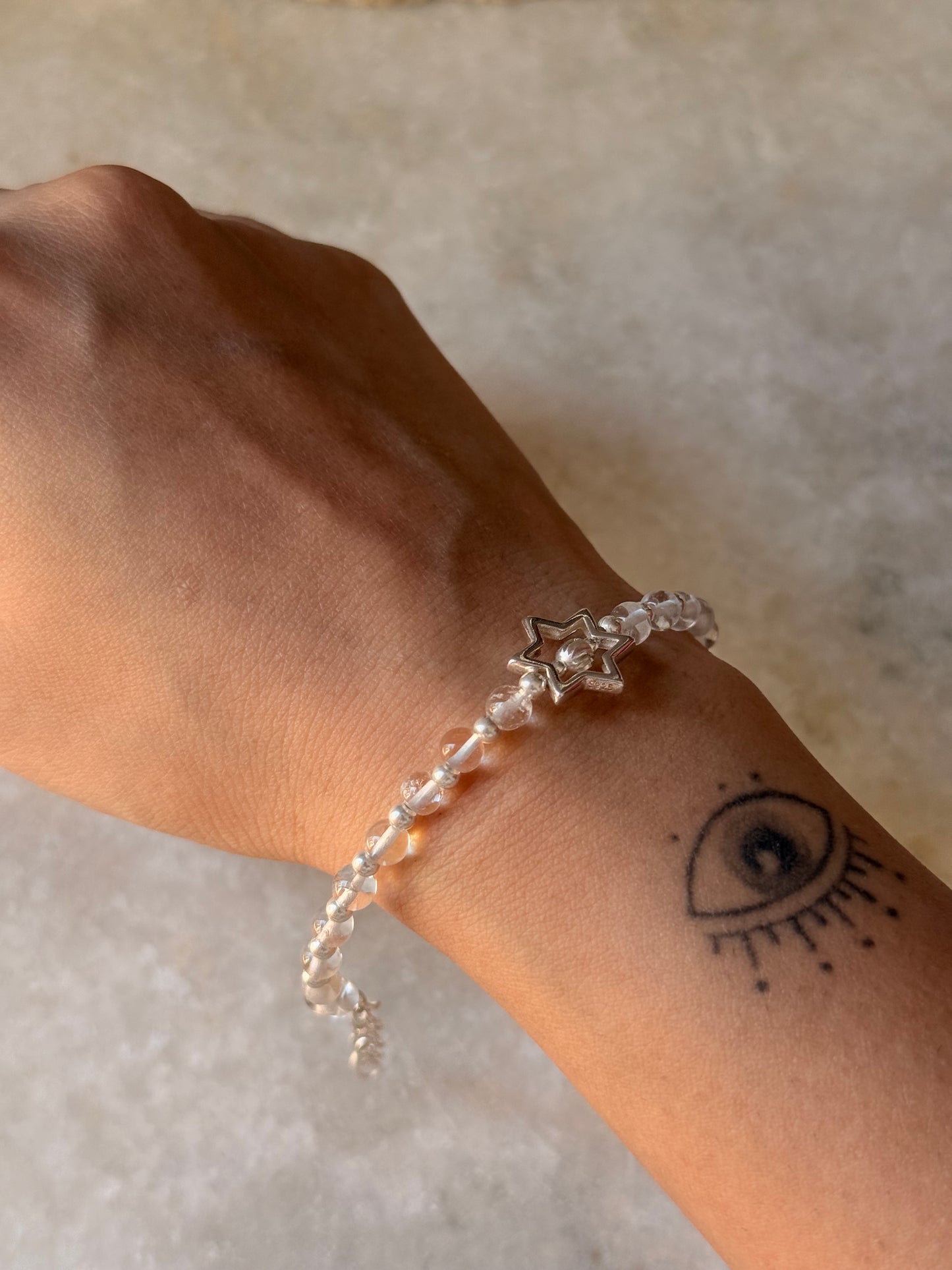 925 Sterling Silver Clear Quartz 4mm Silver Star Charm and Silver Disco Beads Bracelet - Beaded in Pure Silver 925 Wire
