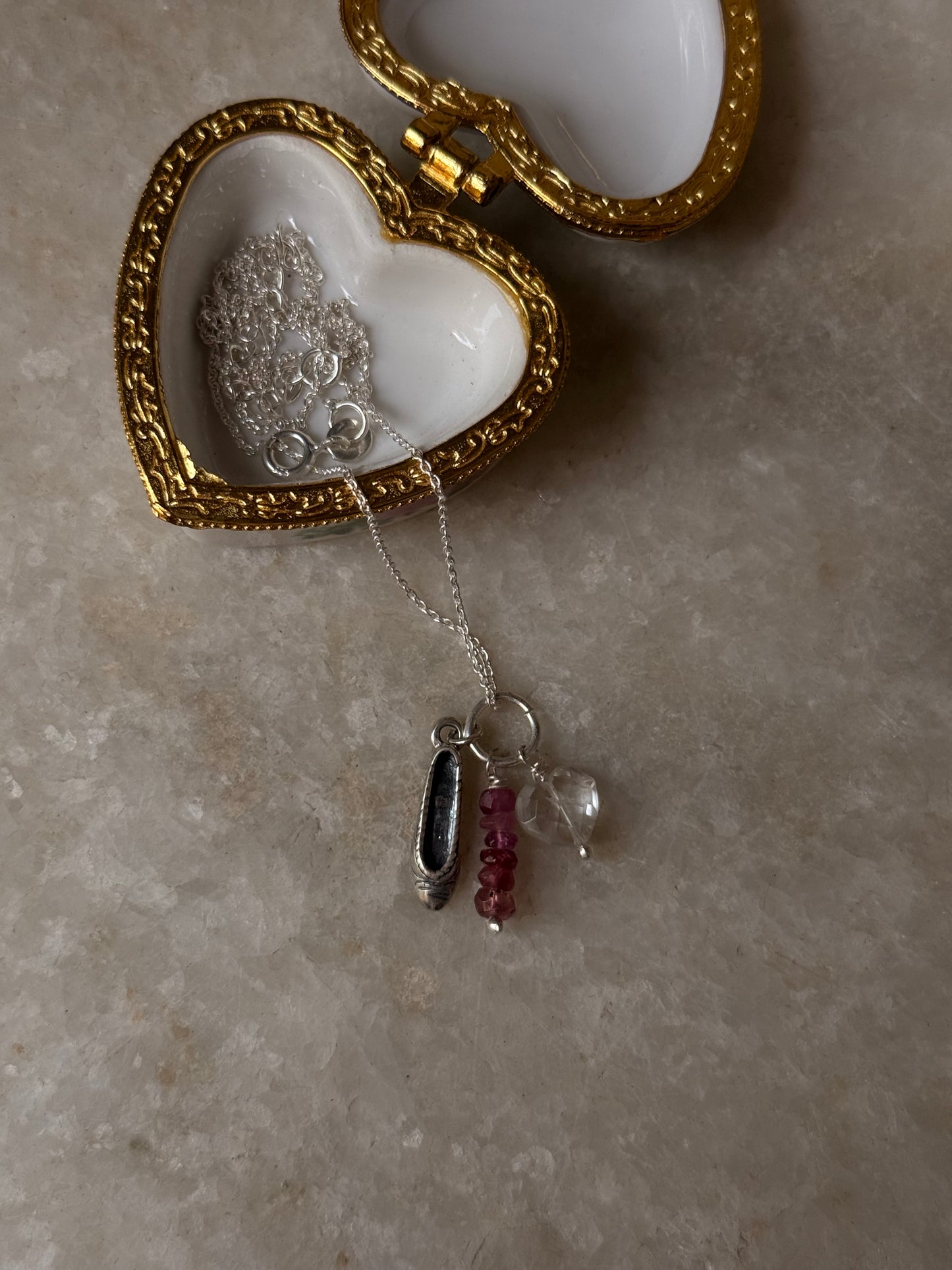 925 Sterling Silver Ballet shoe, Clear Quartz, Pink Tourmaline Charm