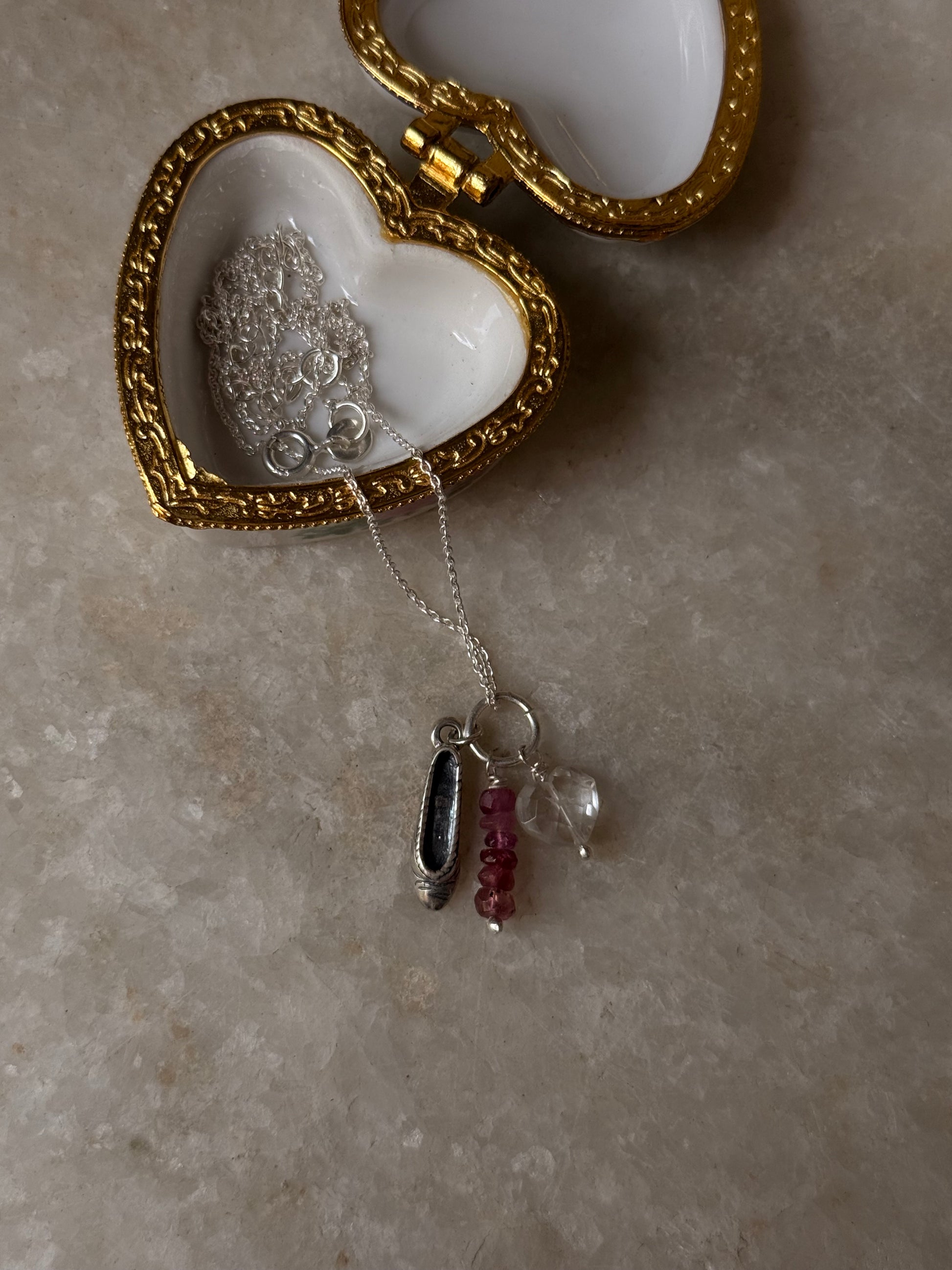 925 Sterling Silver Ballet shoe, Clear Quartz, Pink Tourmaline Charm