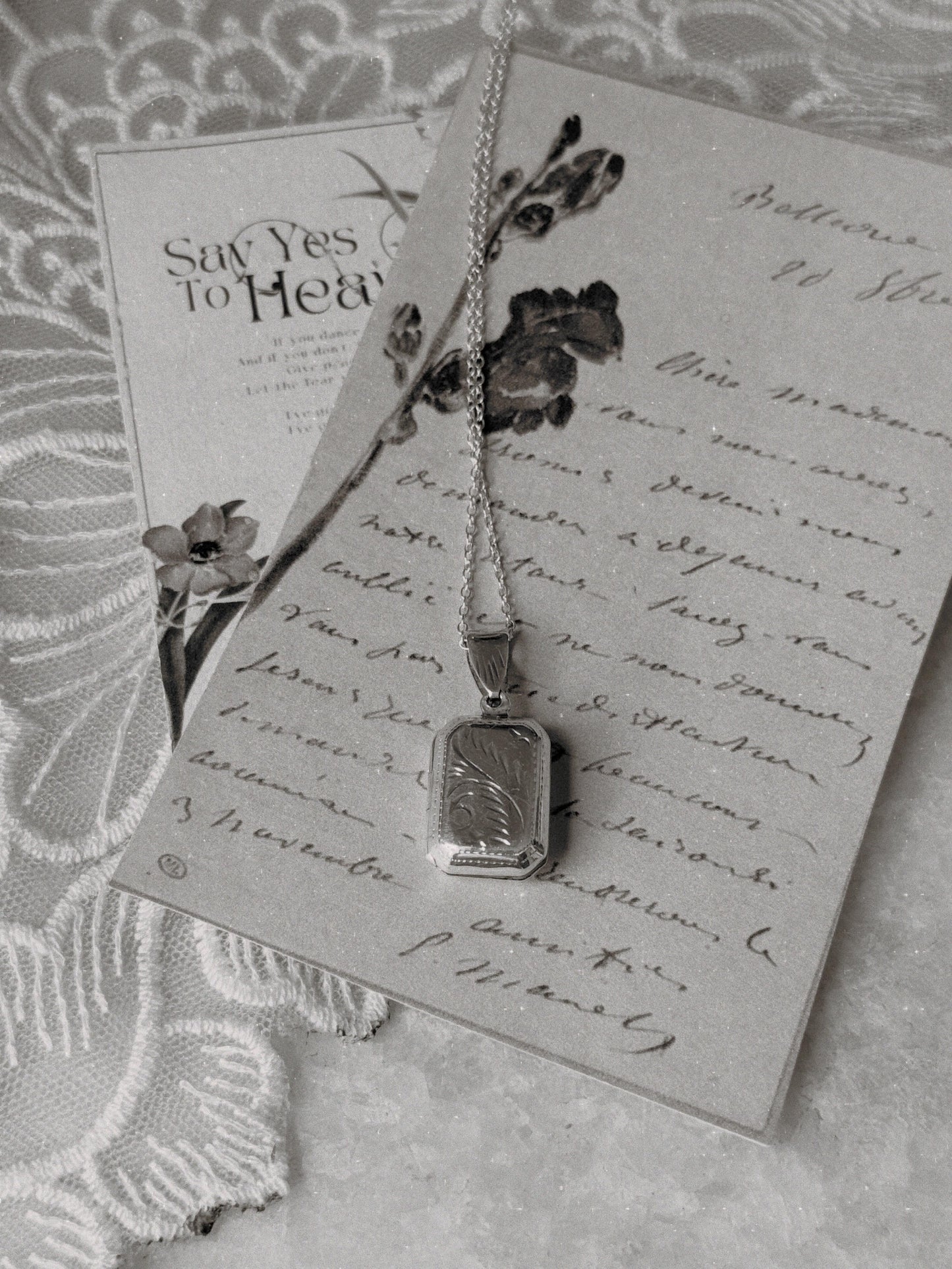 925 Sterling Silver Classic Rectangular Vintage Motifs Engraved Photo Pendant