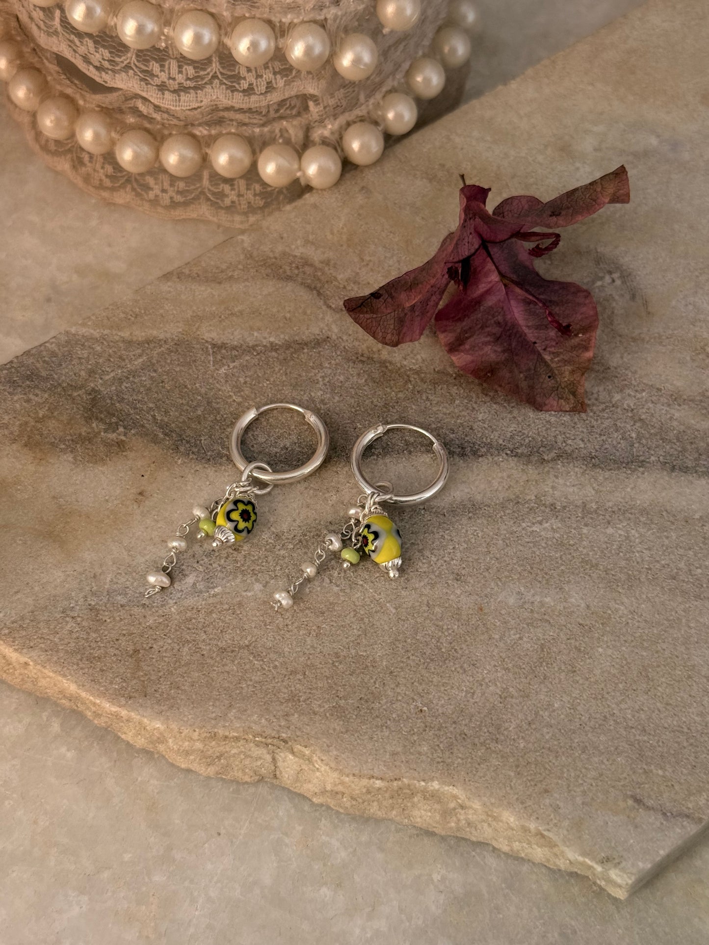 925 Sterling Silver Pinterest Fresh Water Pearl & Green Italian Hoops