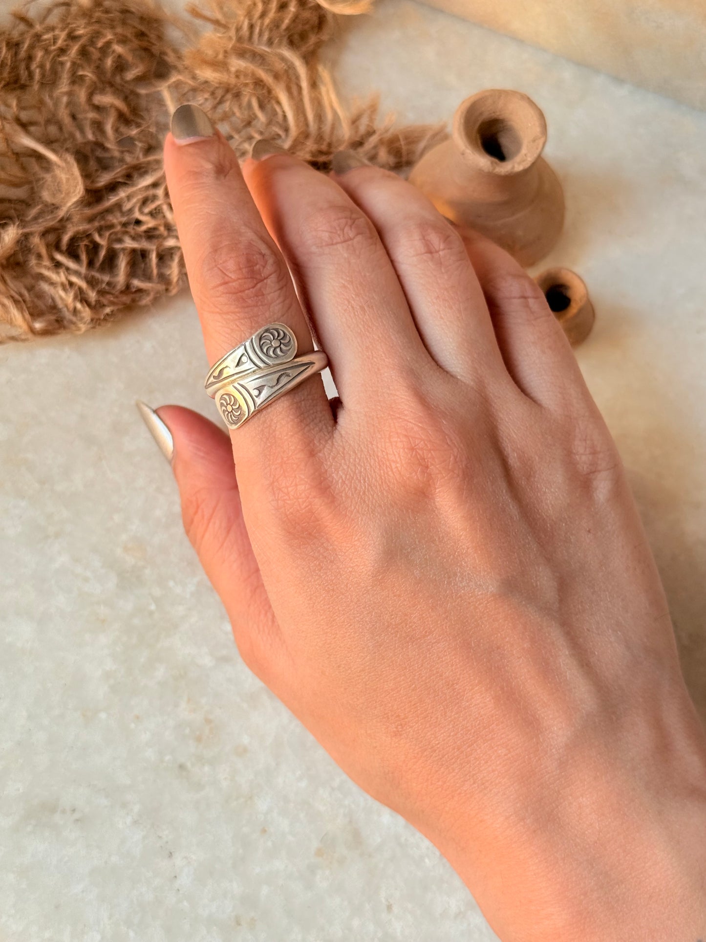 925 Sterling Silver Bohemian Hill Tribe Sun Engraved Handcrafted Adjustable Ring