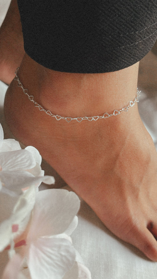 Sterling silver hearts linked anklet