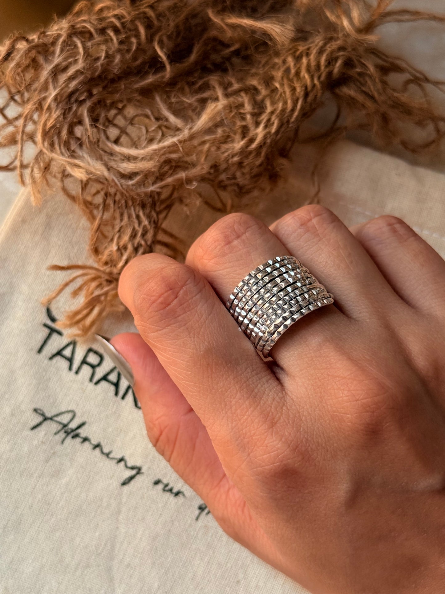 925 Sterling Silver Tribal Textured Fixed Wire Stack Band Ring