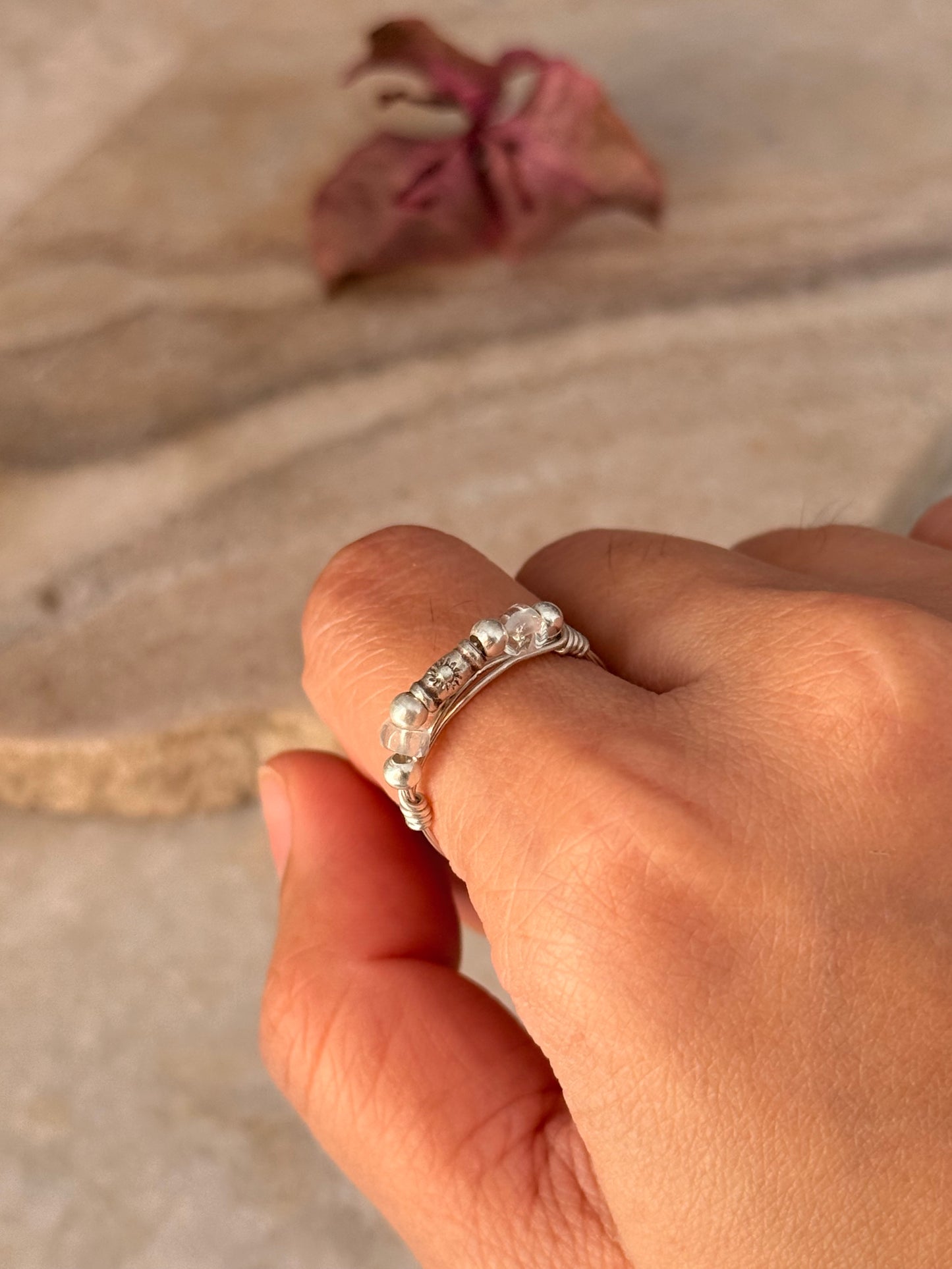 925 Sterling Silver Clear Quartz Sun Engraved Silver Bead Wire Wrapped Handcrafted Ring