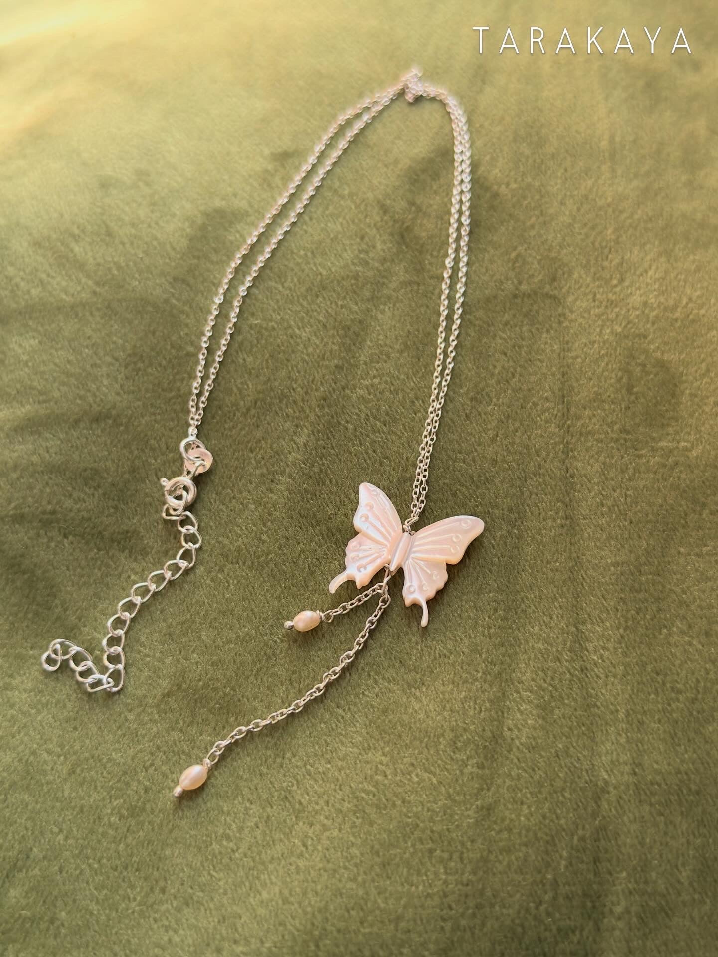 925 Sterling Silver Mother of Pearl Butterfly, Adjustable Chain With Fresh Water Pearls Charm Handcrafted Necklace