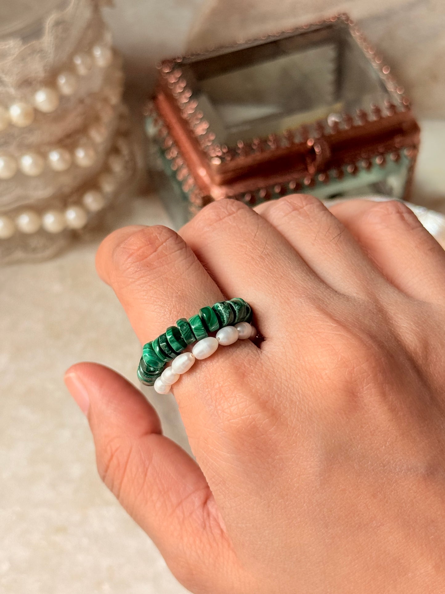 Natural Crystal Stretchy Malachite Flat 3-4mm & Fresh Water Pearl Rings