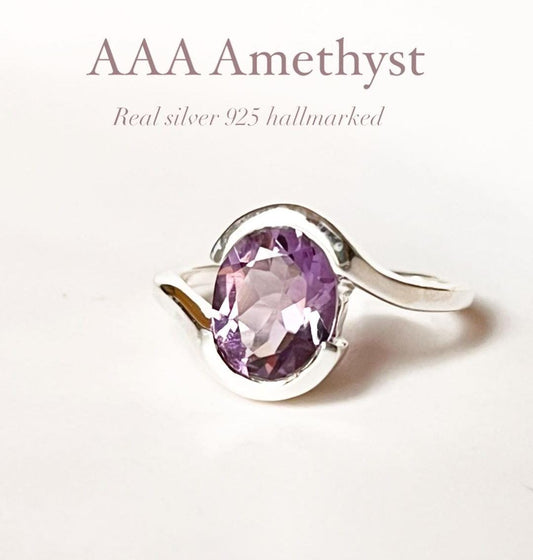 Amethyst Oval Faceted Cross Band Silver Ring