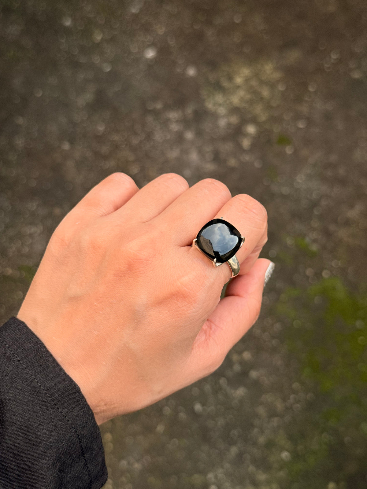 925 Sterling Silver Black Onyx Square Prong Setting Contemporary Style Ring