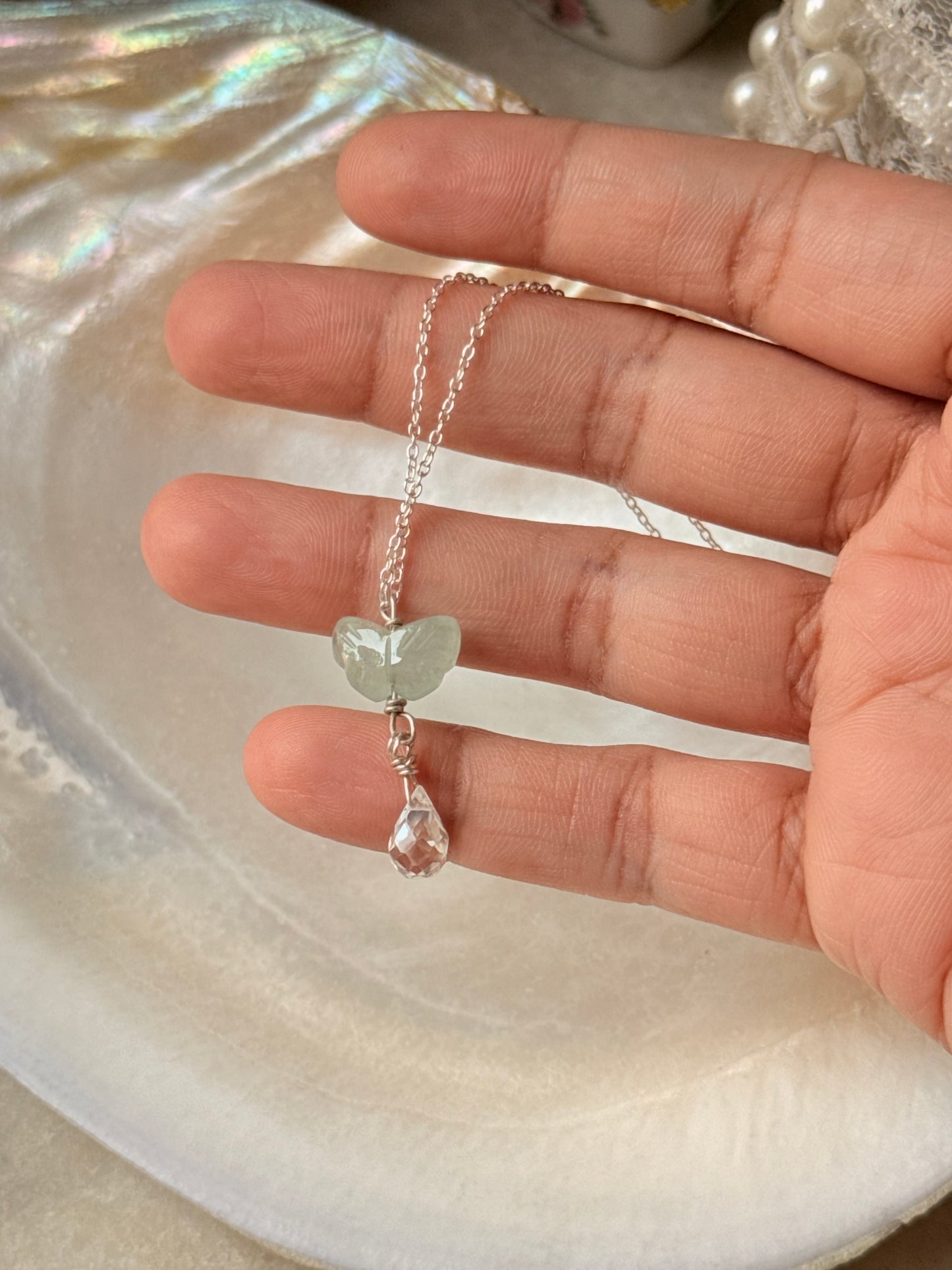 925 Sterling Silver Aquamarine Butterfly, Clear Quartz Drop Handcrafted Necklace