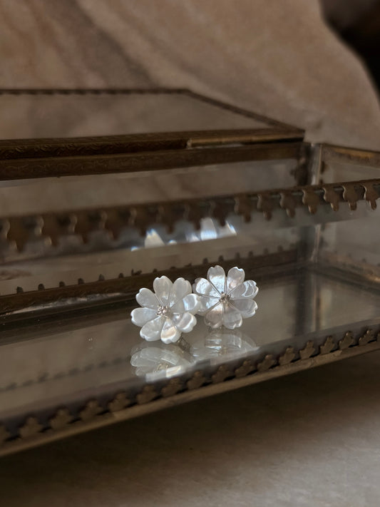 925 Sterling Silver Mother of Pearl Flower Craved - White Topaz Tiny Studs- 2 in 1