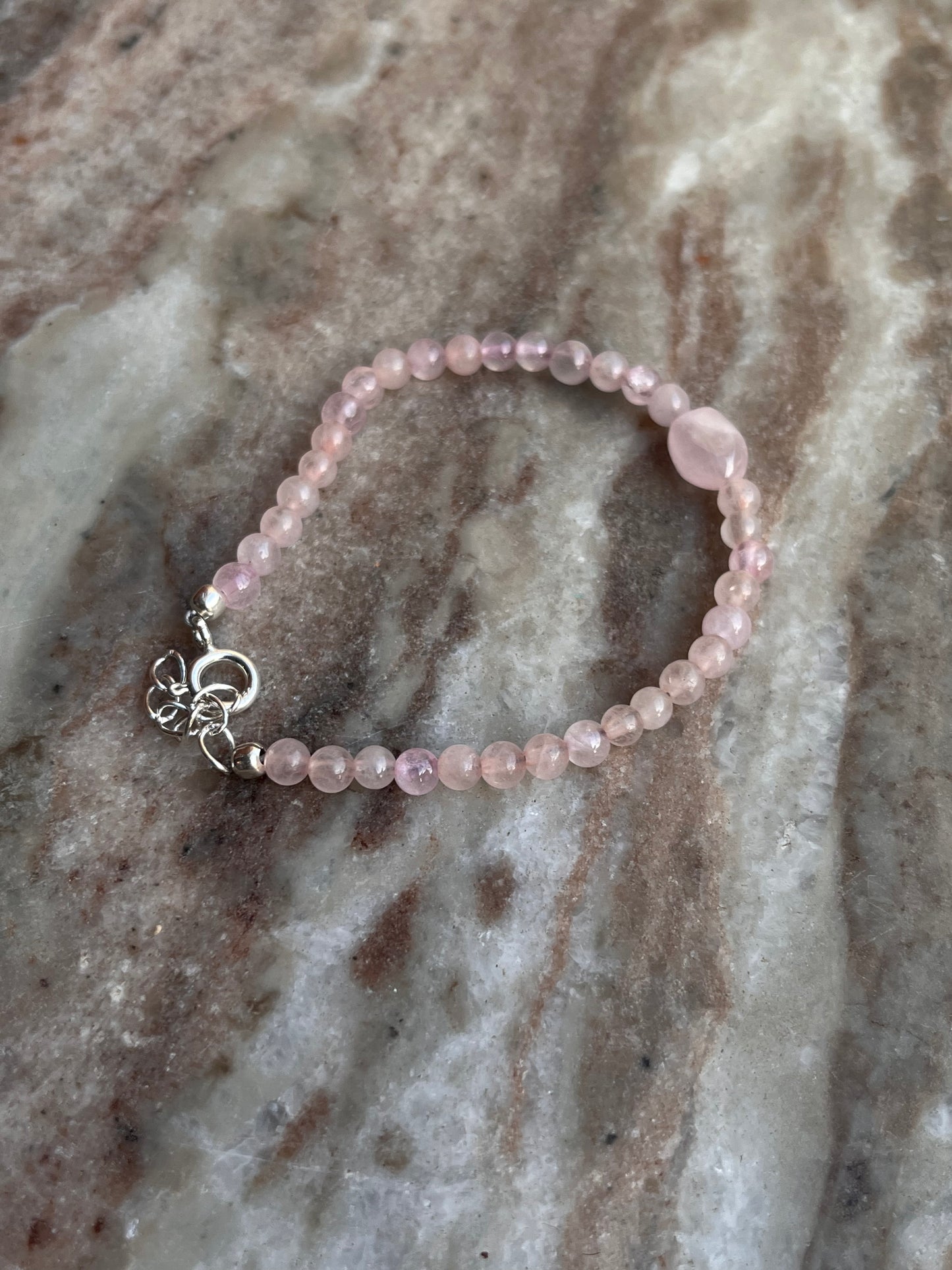 Rose Quartz Tumble & Plain Round 4mm Natural crystal 925 Sterling Silver Bracelet