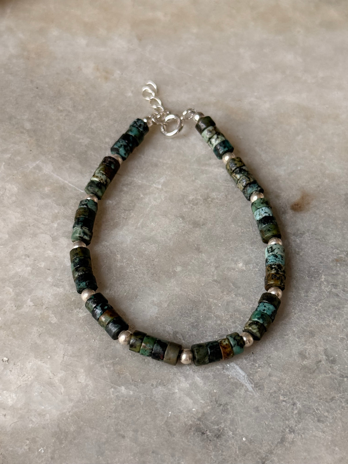 925 Sterling Silver African Turquoise Flat Tube Crystal Silver Balls Bracelet
