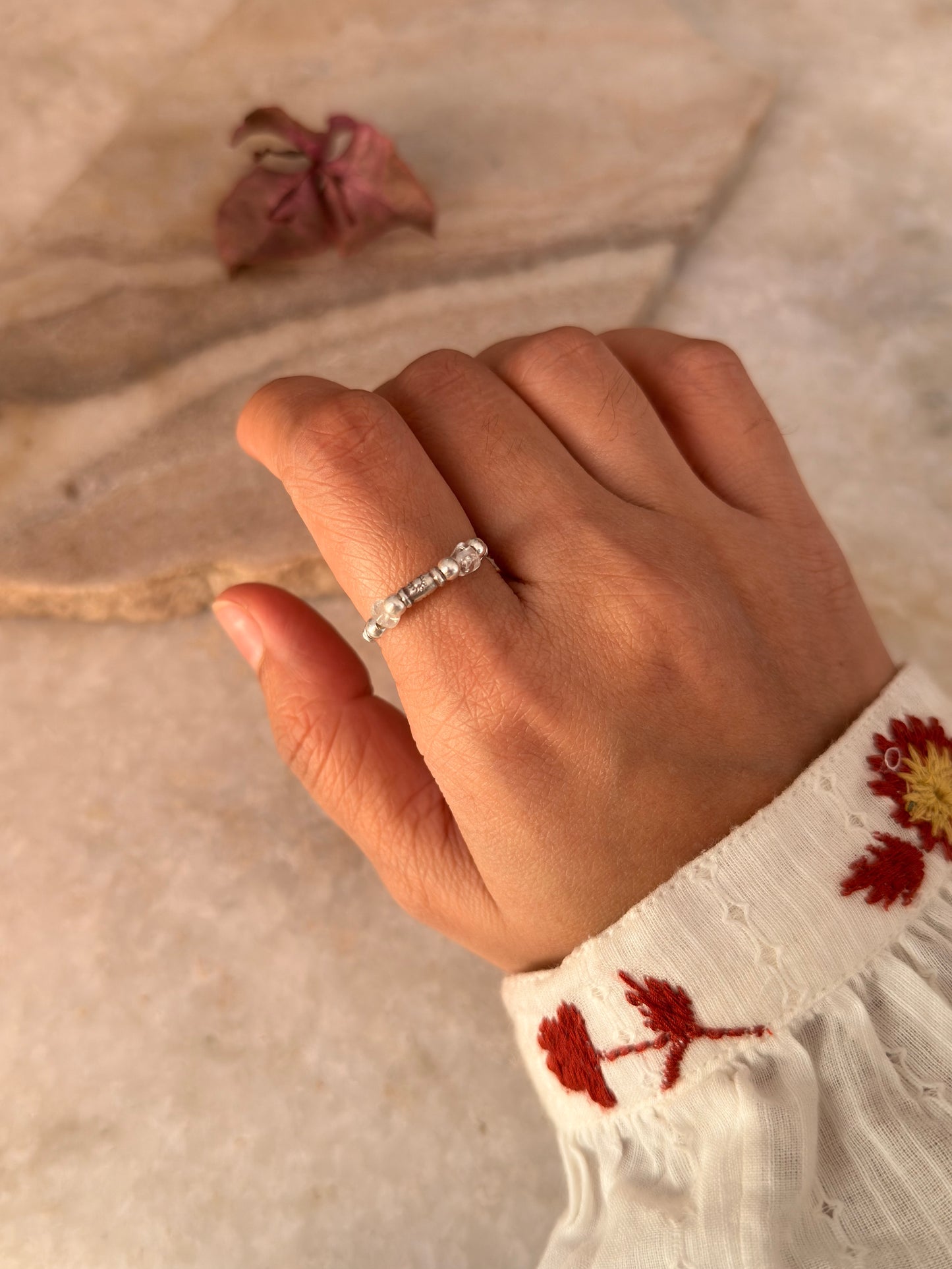 925 Sterling Silver Clear Quartz Sun Engraved Silver Bead Wire Wrapped Handcrafted Ring